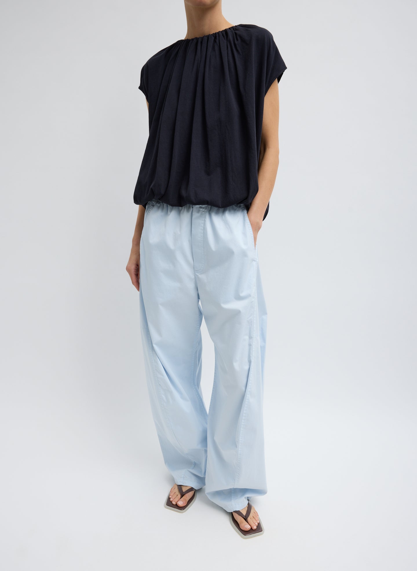 Pale Blue Garment Dyed Silky Cotton Winslow Pull On Pant - full look, front view on model