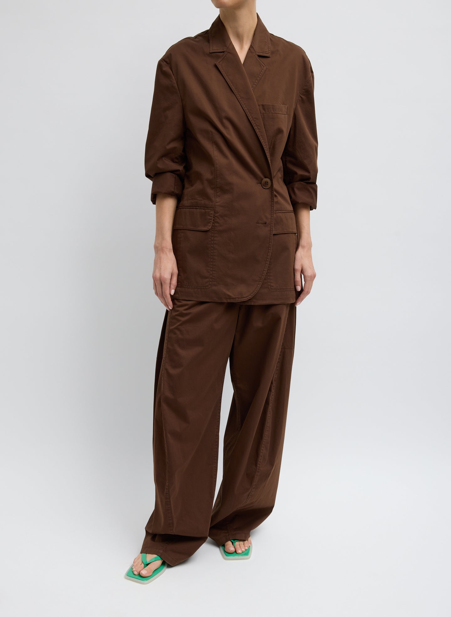 Garment Dyed Silky Cotton Liam Blazer - Brown Garment Dyed Silk Cotton Liam Blazer - oversized blazer, front view on model