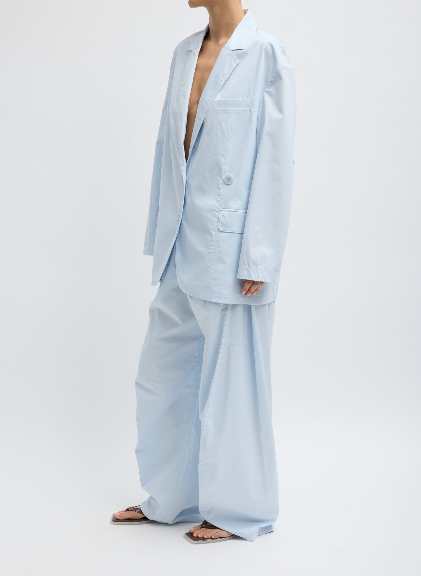 Pale Blue Garment Dyed Silky Cotton Liam Blazer - oversized blazer, side view on model