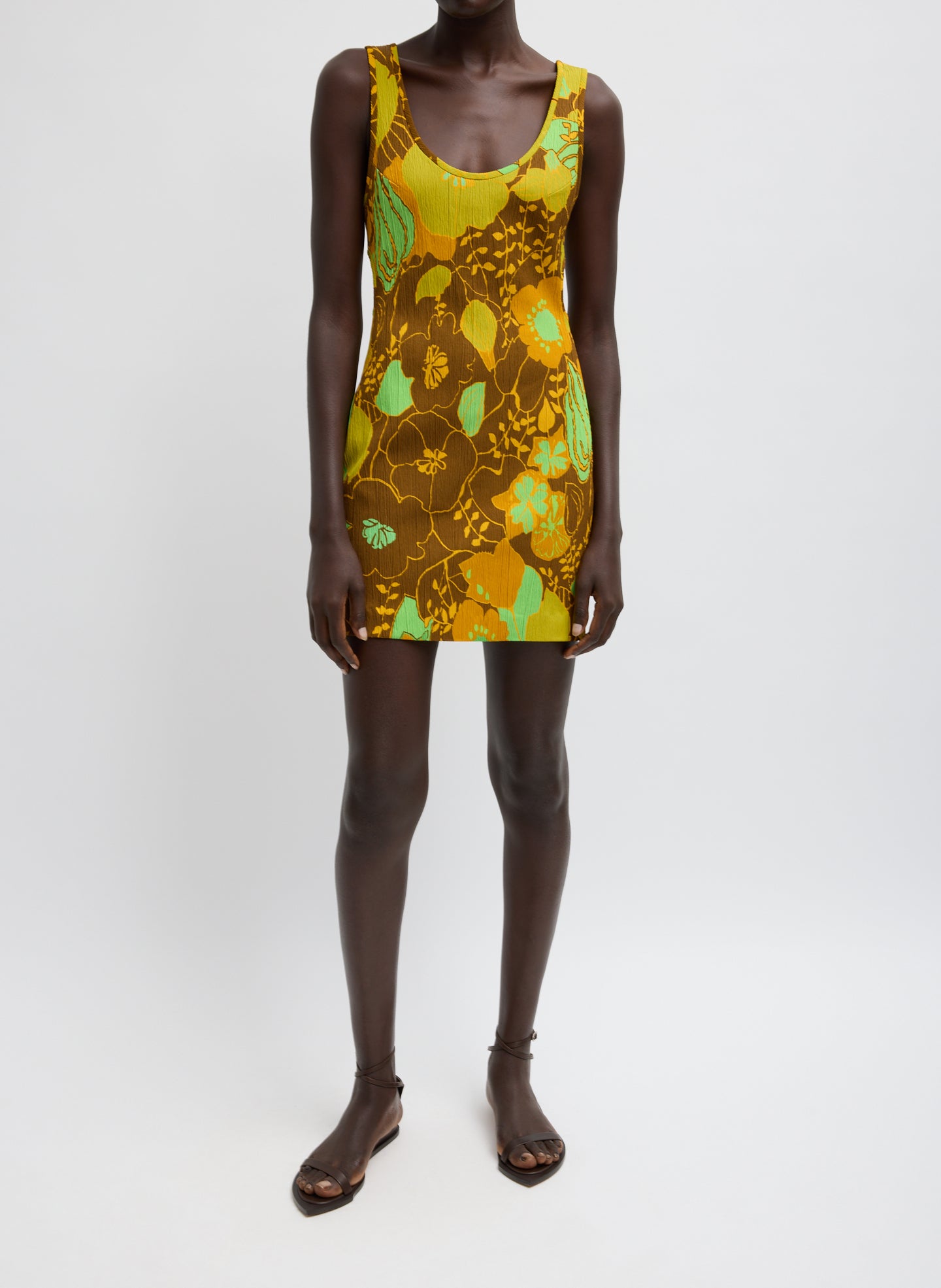 Kamara Print Racerback Short Dress - Kamara Print Creased Stretch Crepe Mini Dress - retro floral print sleeveless dress, front view on model