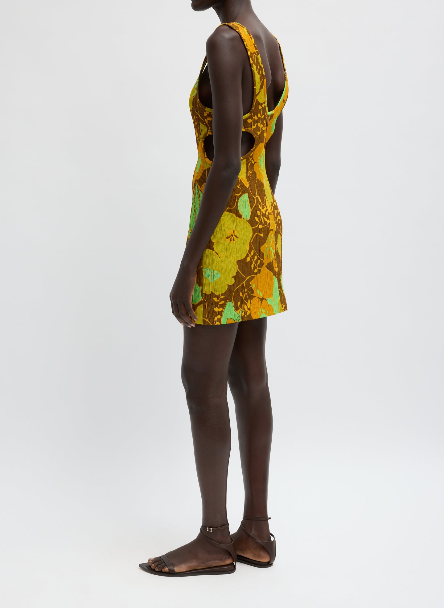 Kamara Print Creased Stretch Crepe Mini Dress - retro floral print sleeveless dress, side view on model
