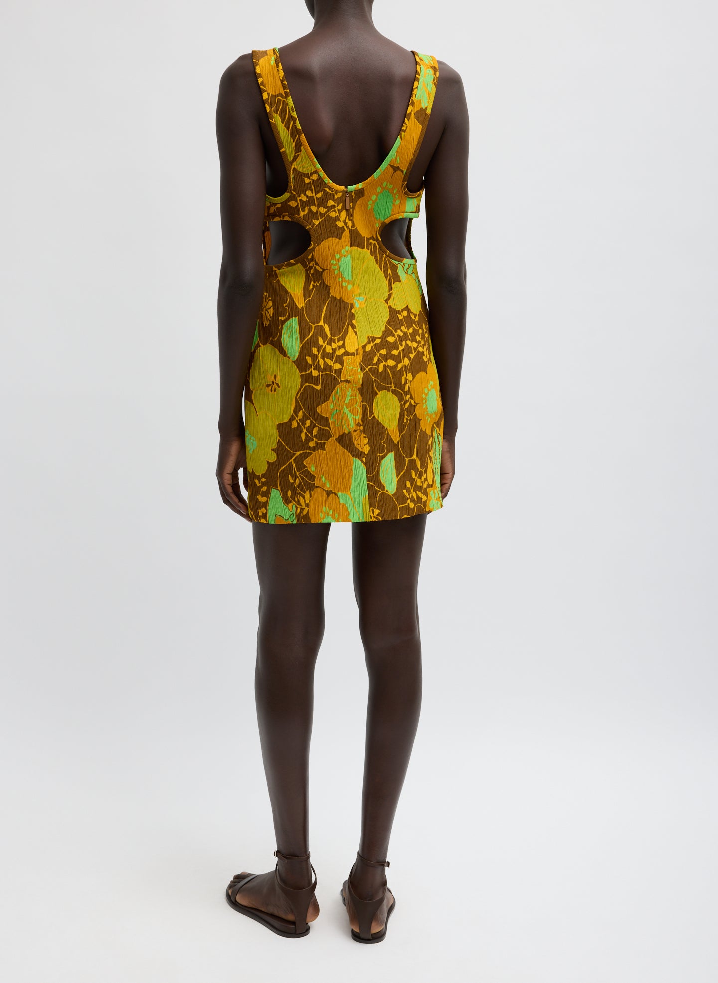 Kamara Print Creased Stretch Crepe Mini Dress - retro floral print sleeveless dress, back view on model