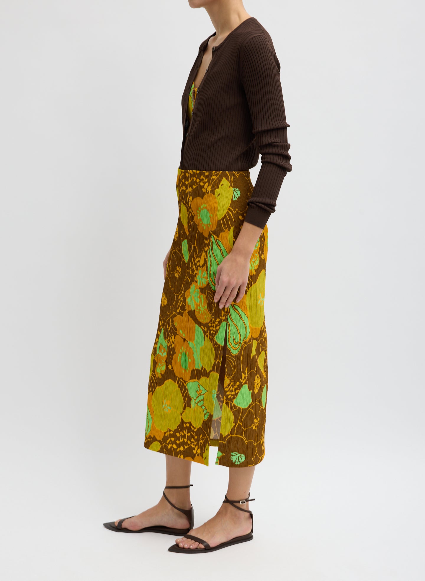 Creased Stretch Crepe Kamara Print Skirt - floral print retro midi skirt, side view on model