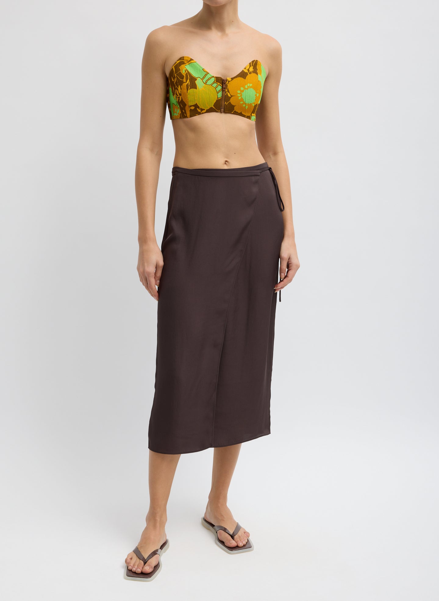 Creased Stretch Crepe Kamara Print Strapless Bralette - full look, front view on model