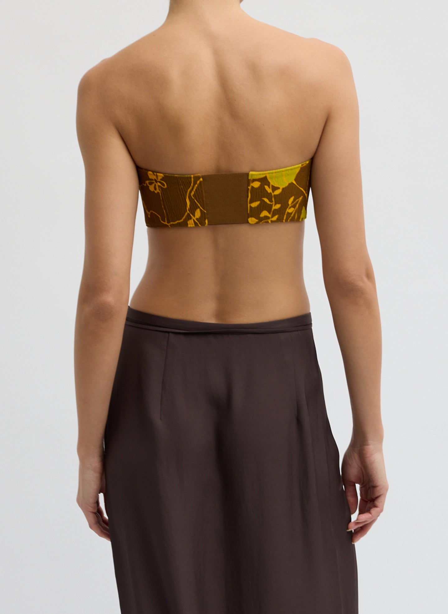 Creased Stretch Crepe Kamara Print Strapless Bralette - floral print retro bralette, back view on model