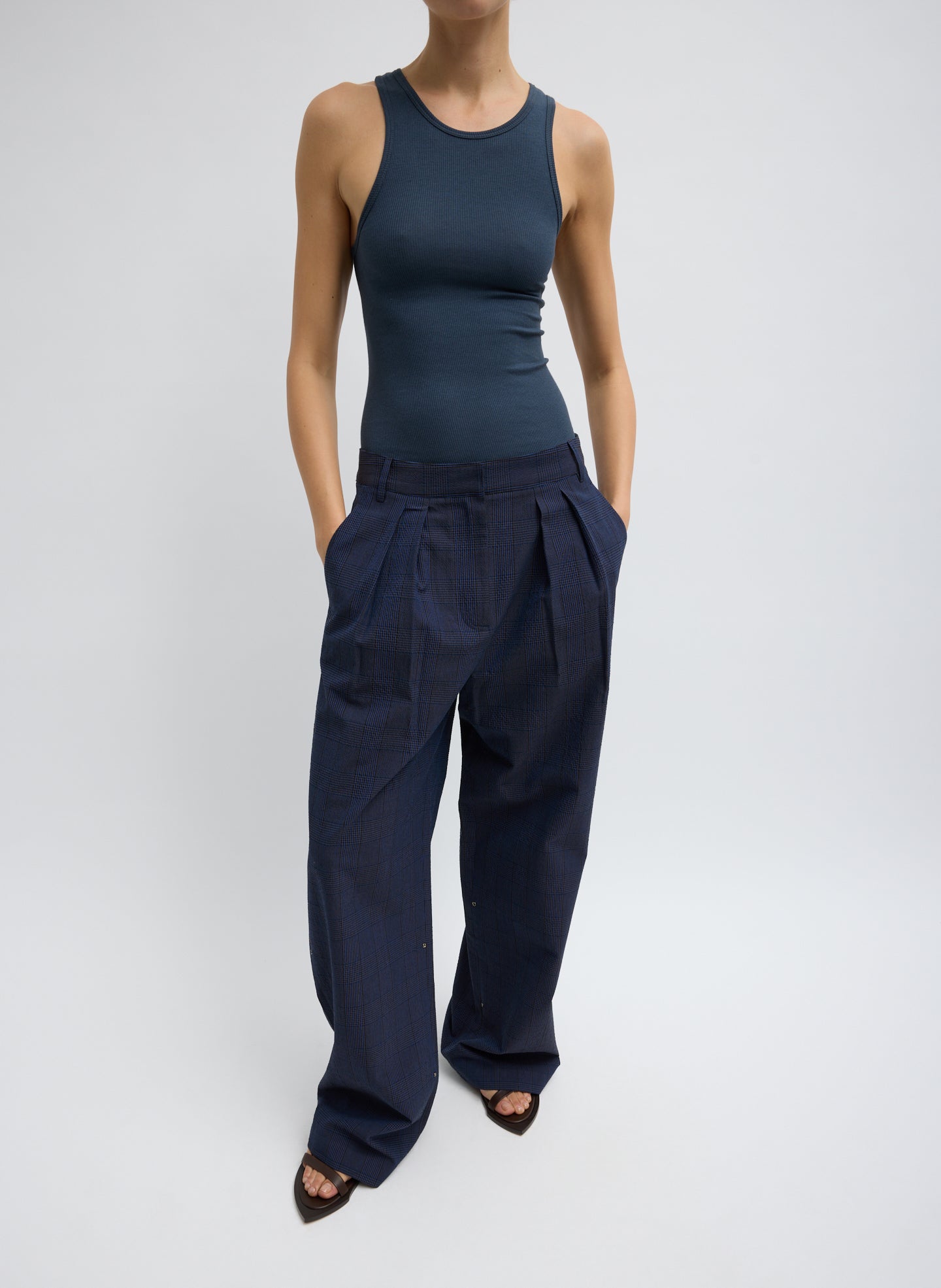 Navy Menswear Crepon Stella Full Length Trouser - full look, front view on model