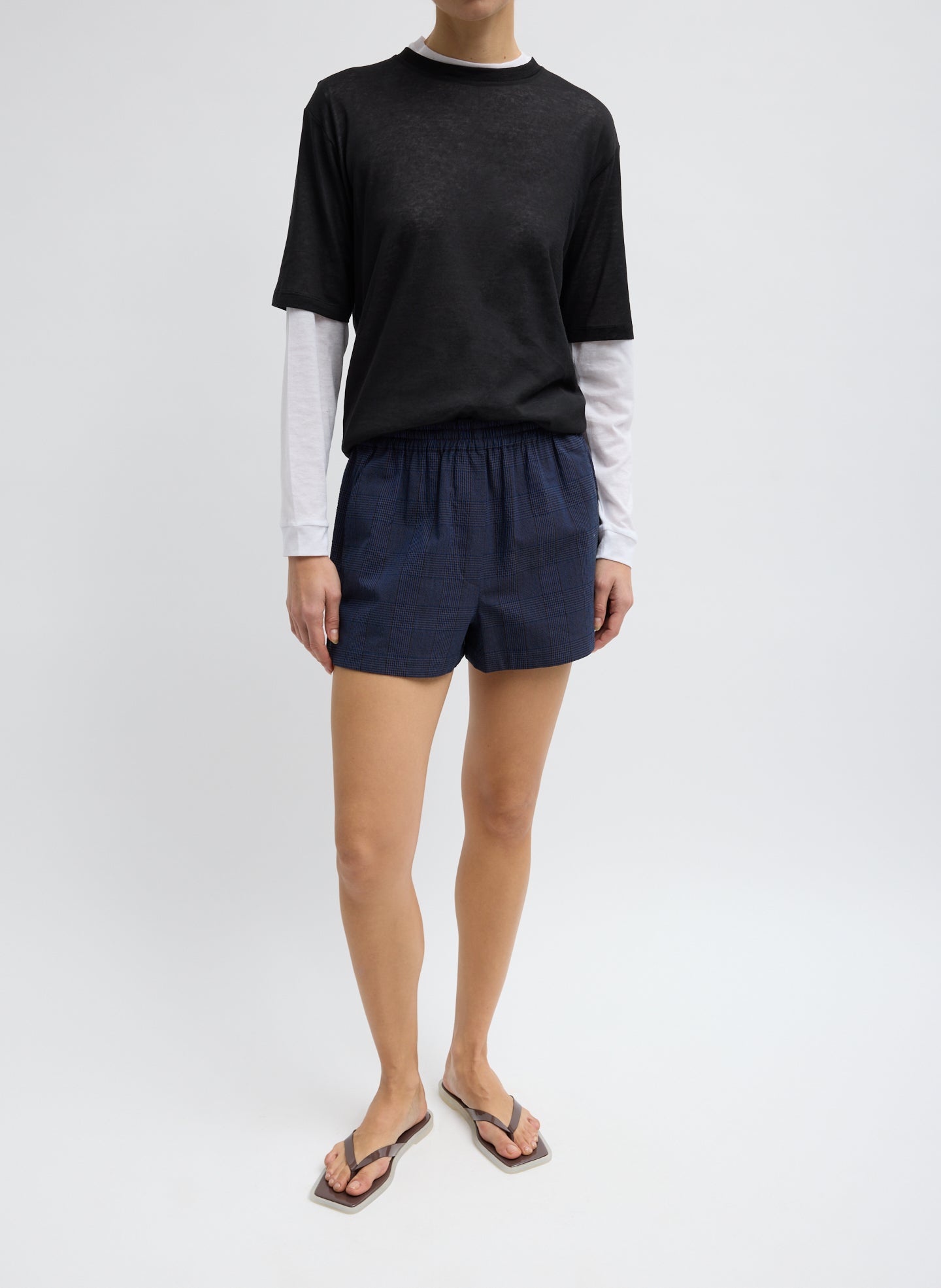 Menswear Crepon Pull On Shorts - Navy Menswear Crepon Pull On Shorts - full look, front view on model