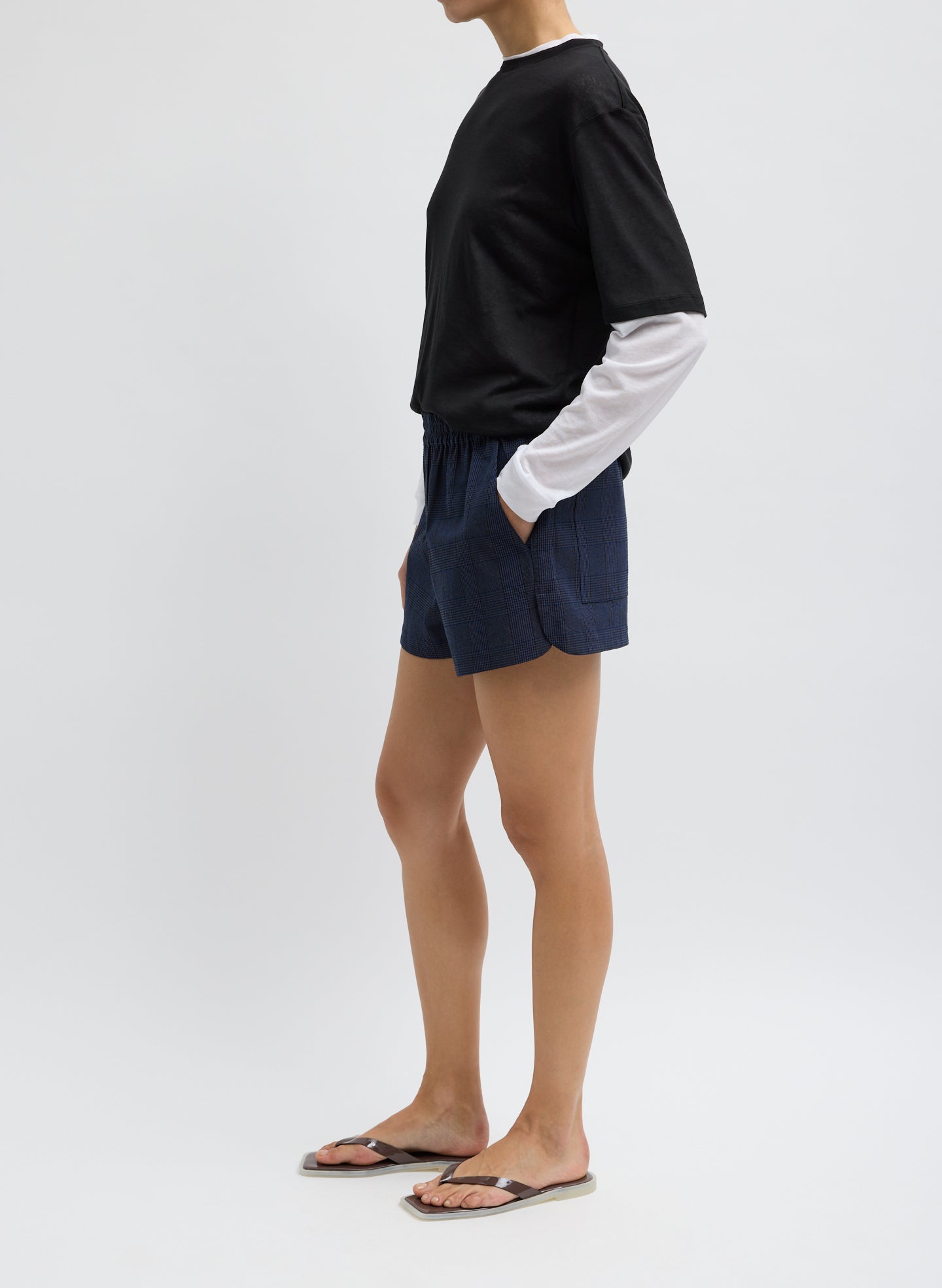 Navy Menswear Crepon Pull On Shorts - full look, side view on model