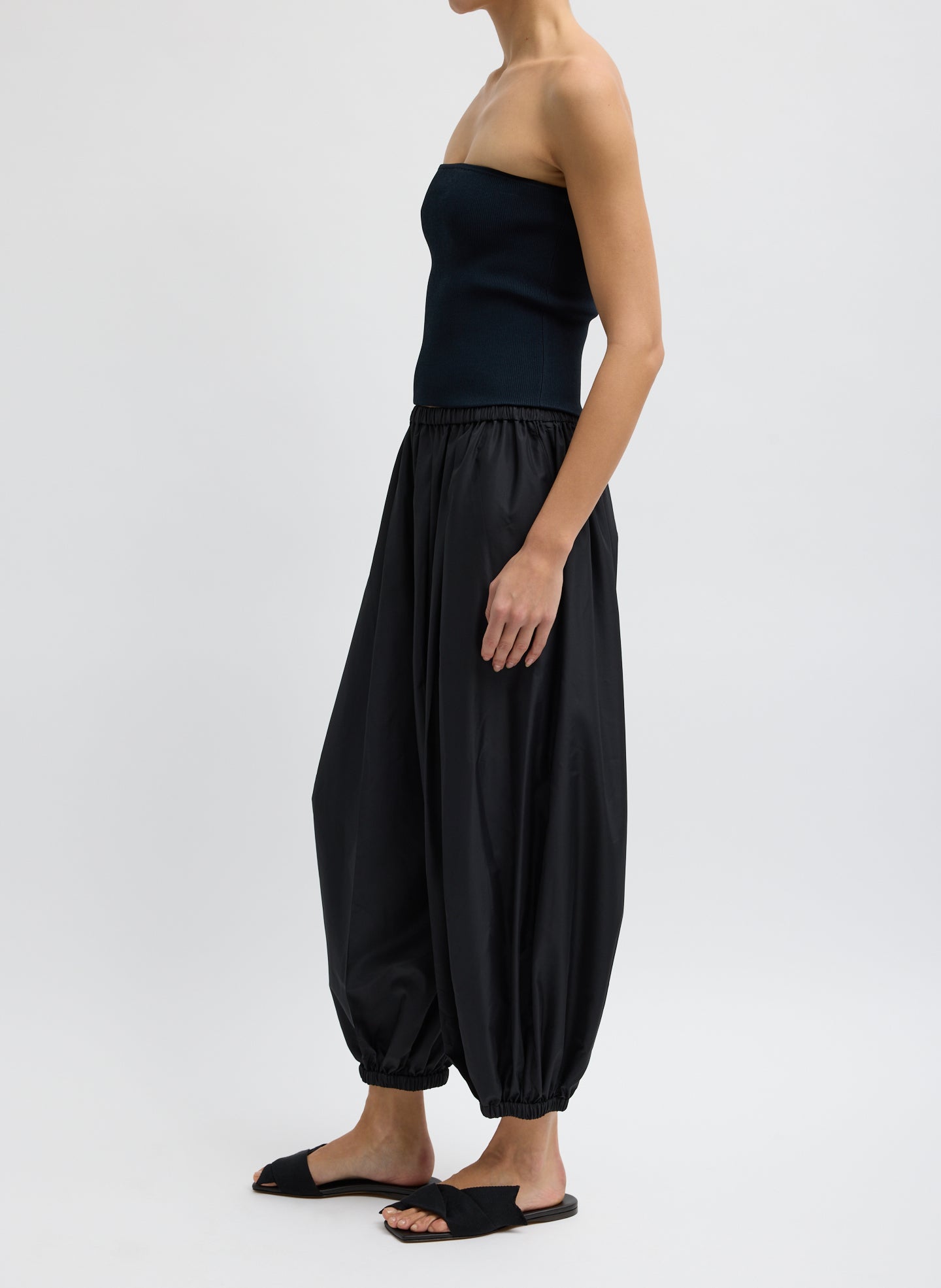 Black Summer Nylon Zeppelin Balloon Pant - lounge pant, side view on model