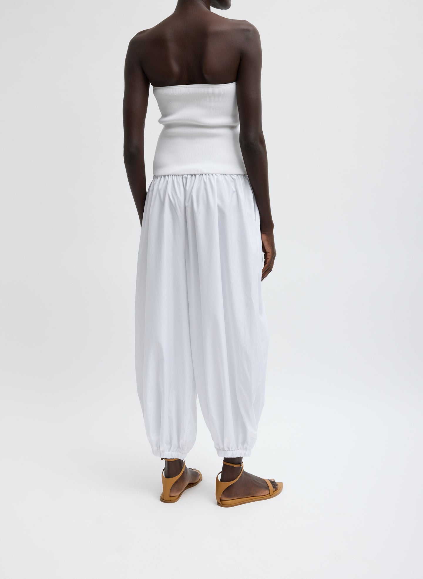 White Summer Nylon Zeppelin Balloon Pant - lounge pant, back view on model
