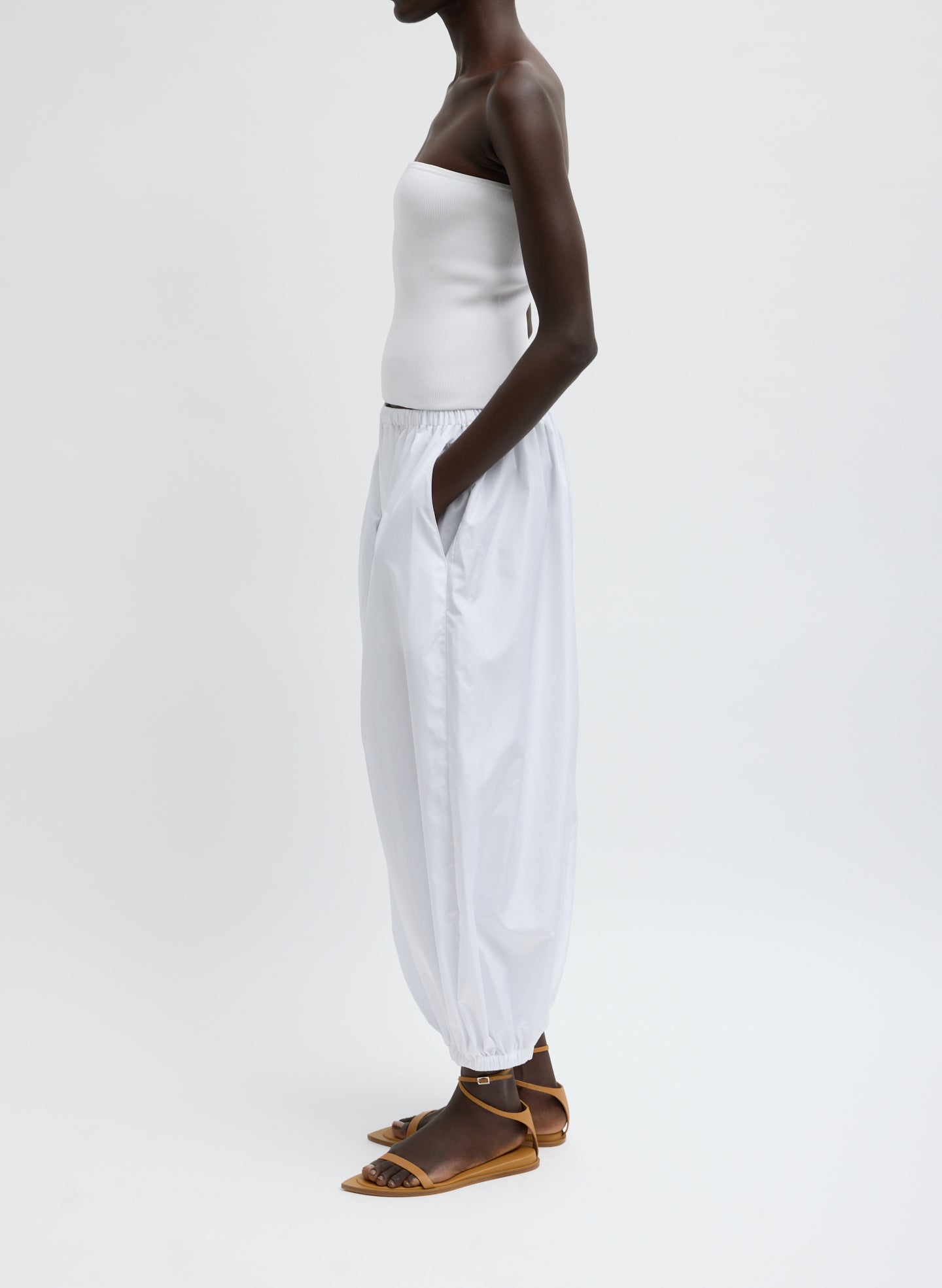 White Summer Nylon Zeppelin Balloon Pant - lounge pant, side view on model