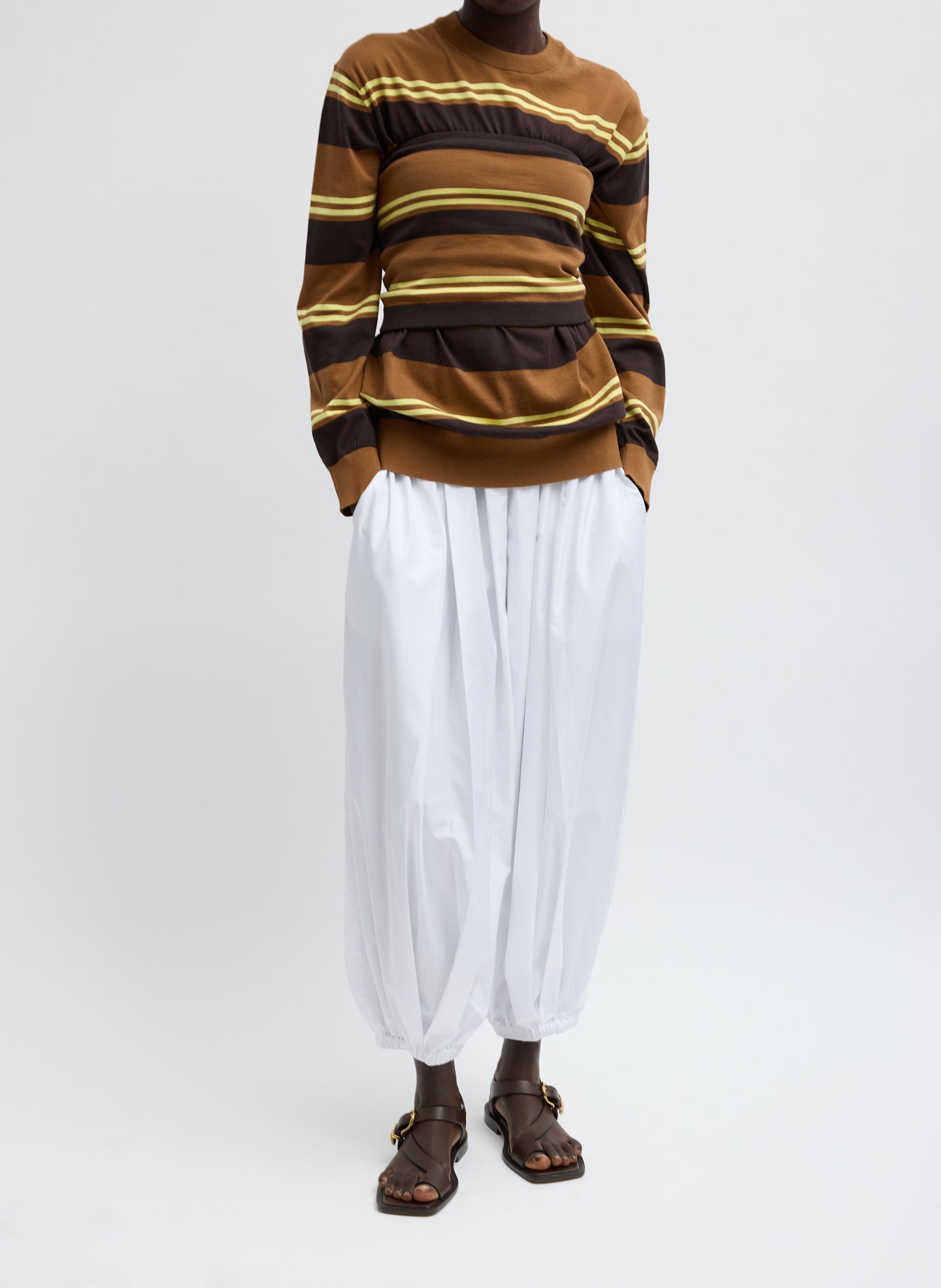 White Summer Nylon Zeppelin Balloon Pant - full look, front view on model