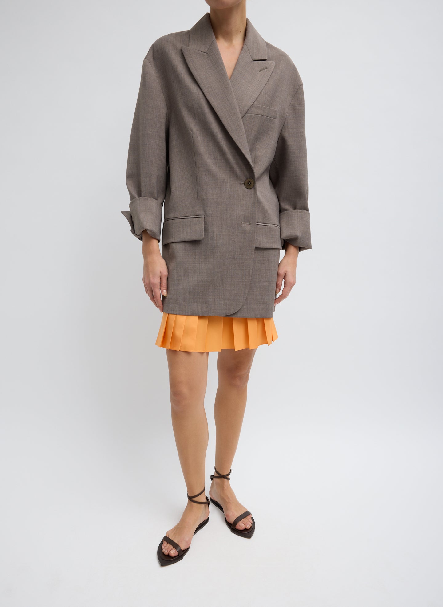 Orange Summer Nylon Pleated Mini Skirt - full look, front view on model