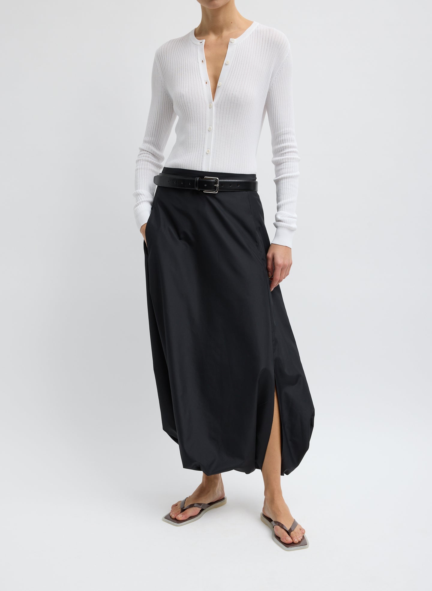 Black Summer Nylon Jalouise Midi Skirt - full look, front view on model