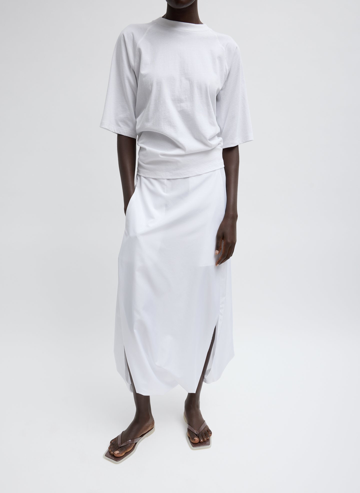 Summer Nylon Flat Front Jalouise Skirt - White Summer Nylon Jalouise Midi Skirt - front view on model