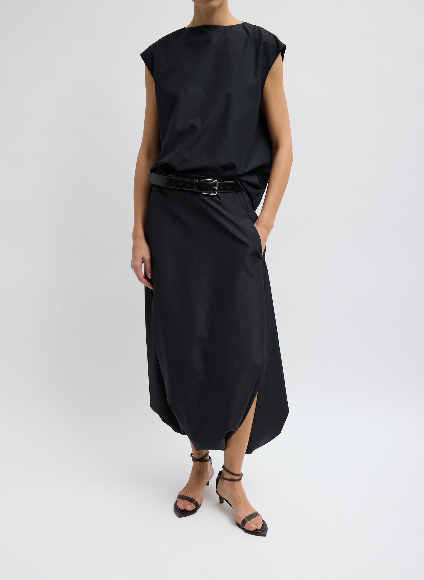 Black Summer Nylon Sleeveless Cocoon Top - full look, front view on model