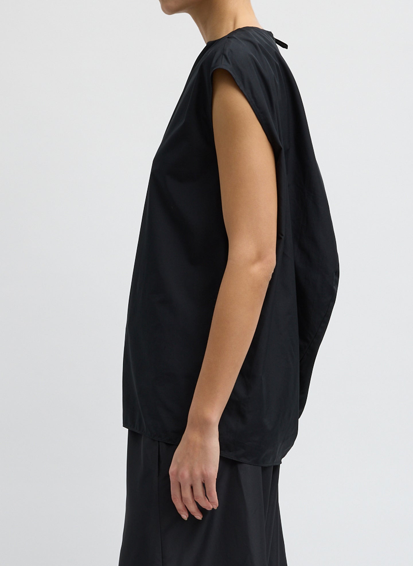 Black Summer Nylon Sleeveless Cocoon Top - side view on model