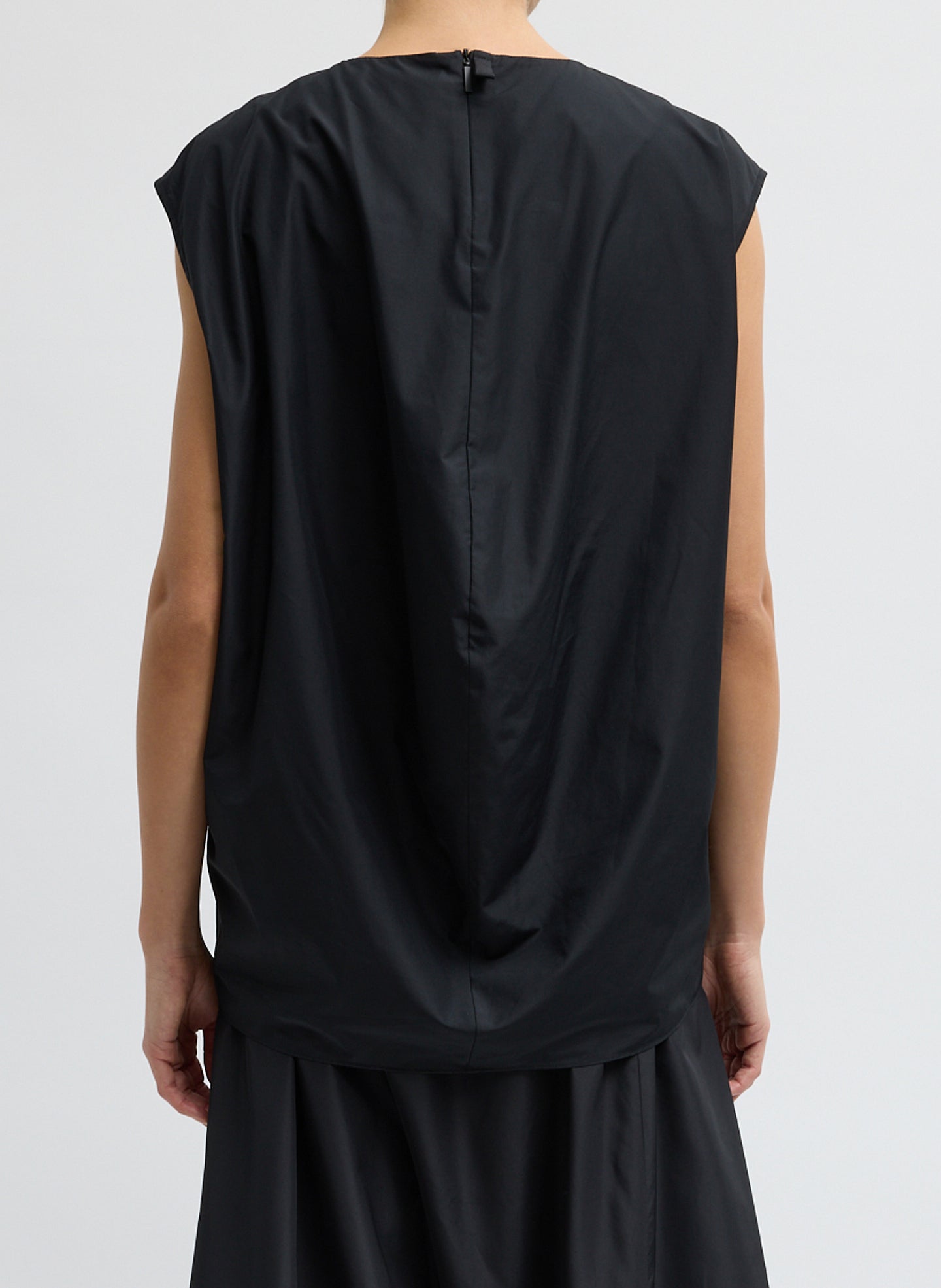 Black Summer Nylon Sleeveless Cocoon Top - back view on model