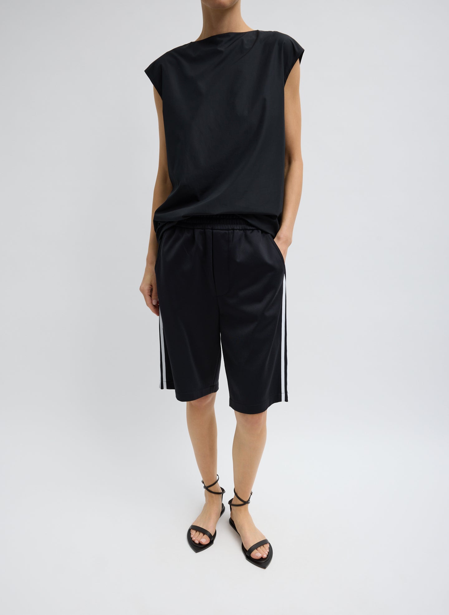 Black Summer Nylon Sleeveless Cocoon Top - full look, front view on model