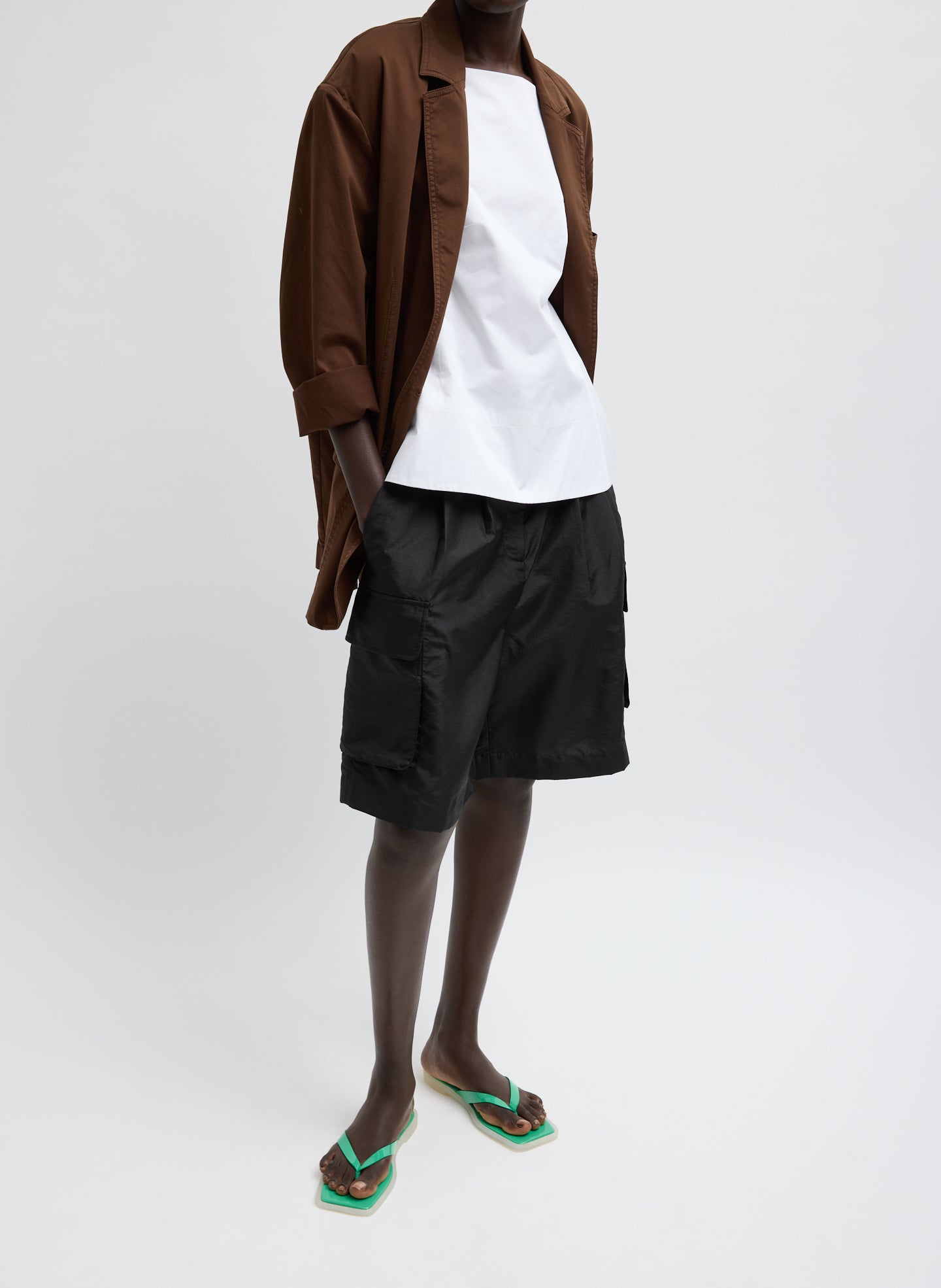 Black Crispy Nylon Stella Cargo Short - full look, front view on model