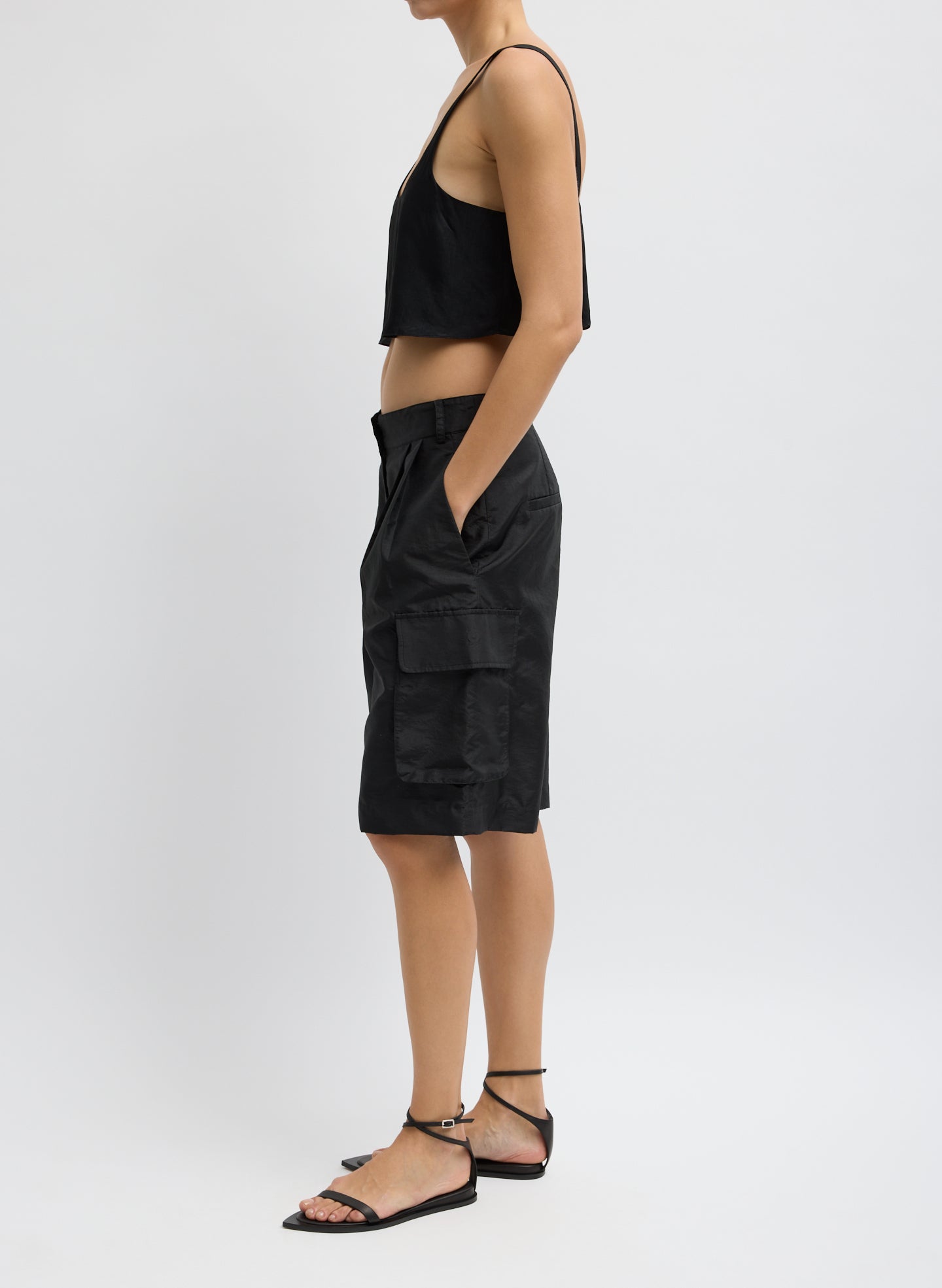 Black Crispy Nylon Stella Cargo Short - side view on model