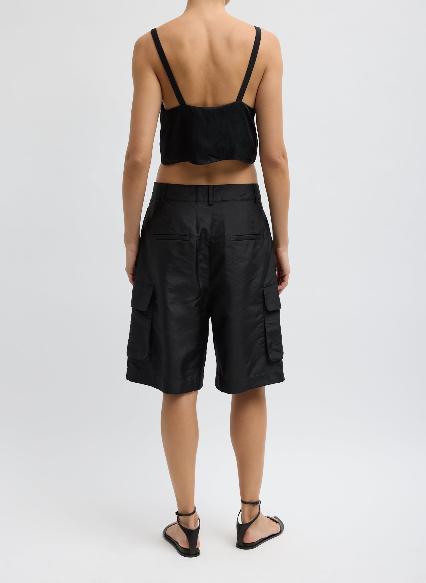 Black Crispy Nylon Stella Cargo Short - back view on model