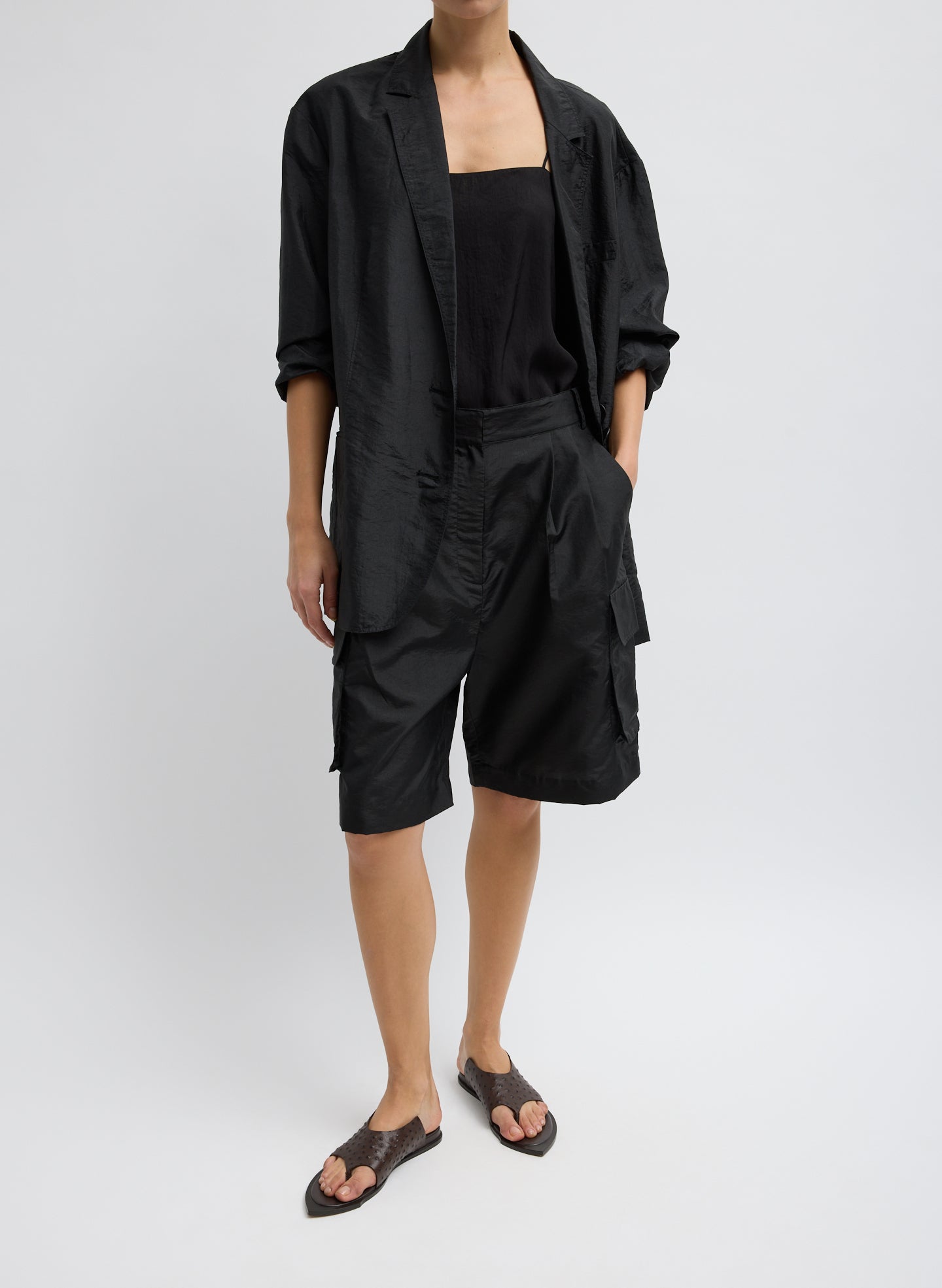 Black Crispy Nylon Stella Cargo Short - full look, front view on model