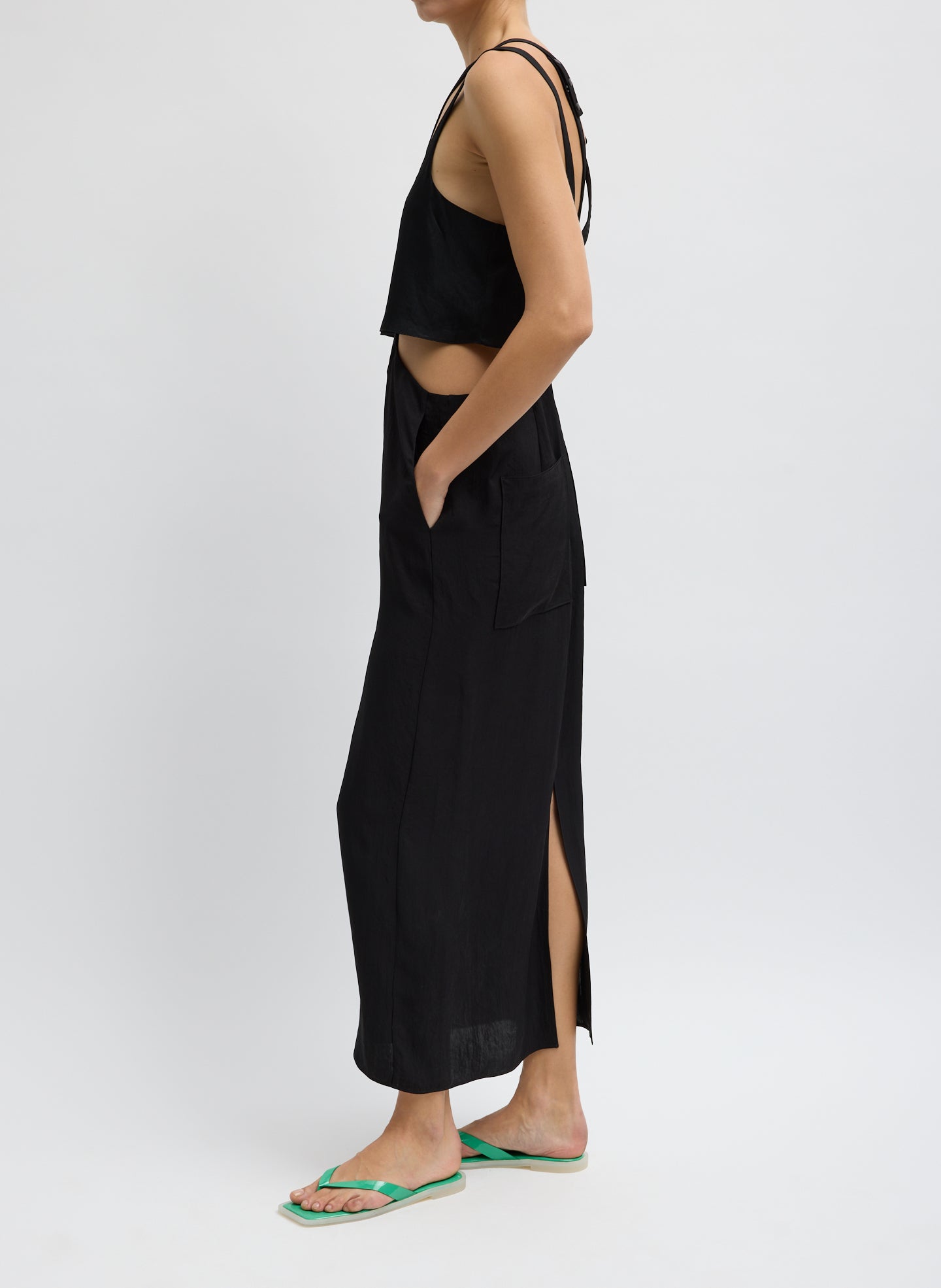Black Summer Acetate Crinkle Overall Skirt - side view on model