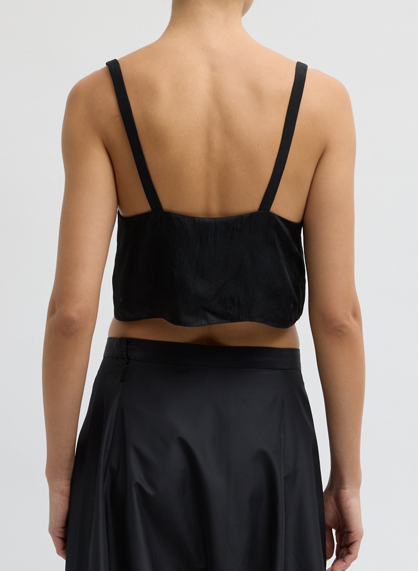 Black Summer Acetate Crinkle Cropped Tank Top - back view on model