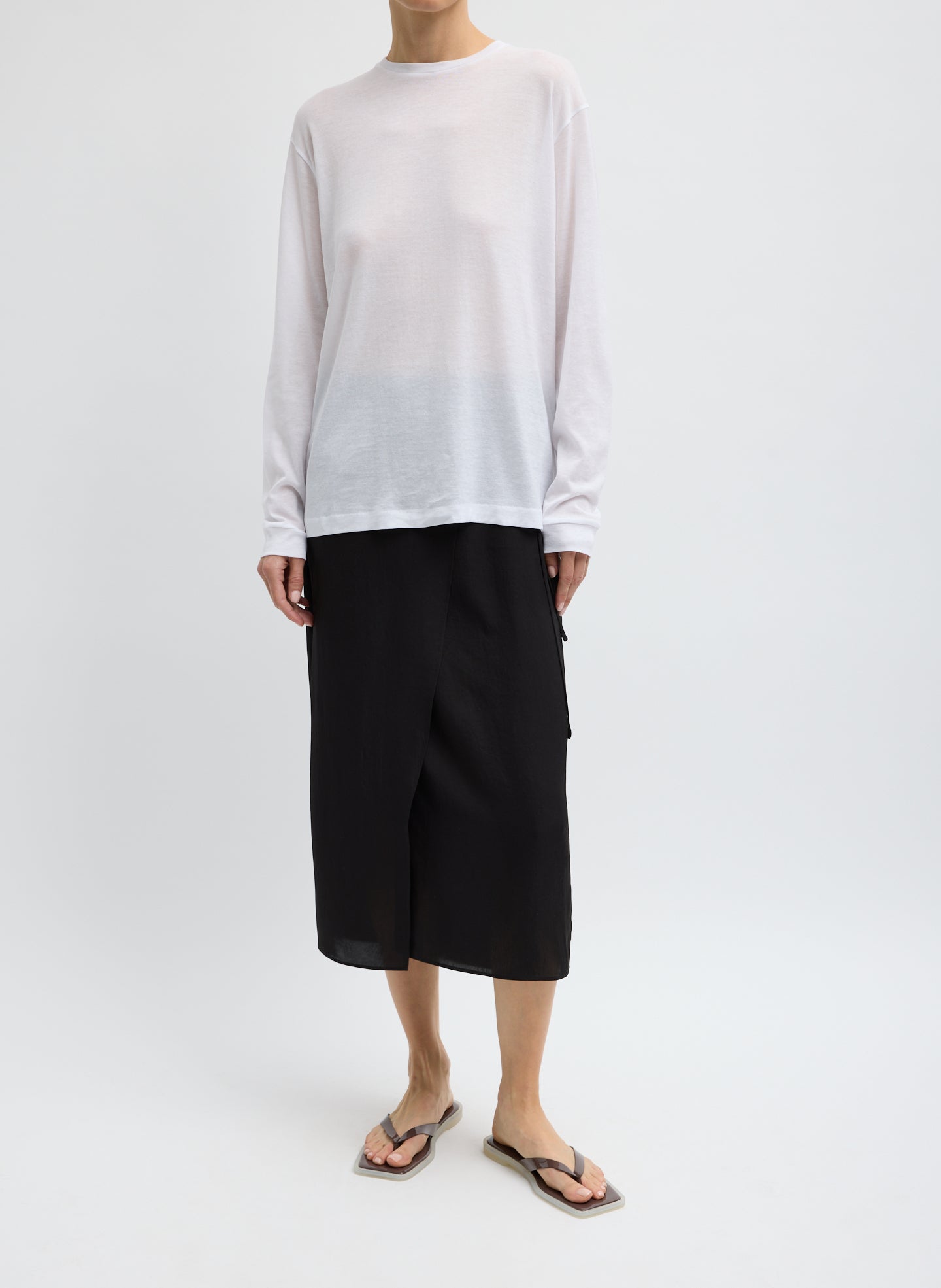 White Sheer Crepe Knit Crewneck Unisex Long Sleeve T-Shirt - full look, front view on model