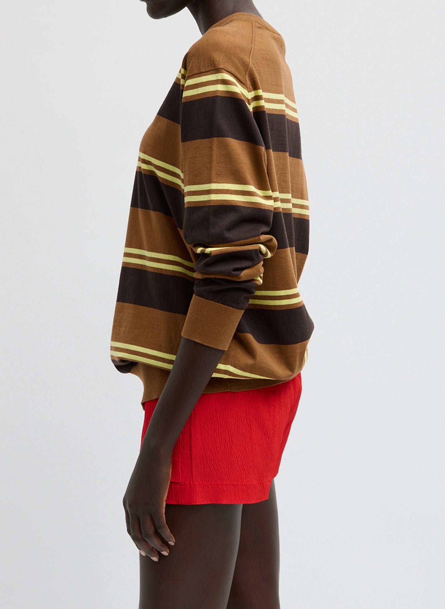 Brown Super Fine Gauge Striped Perfect Crewneck Pullover - long sleeved knit, side view on model