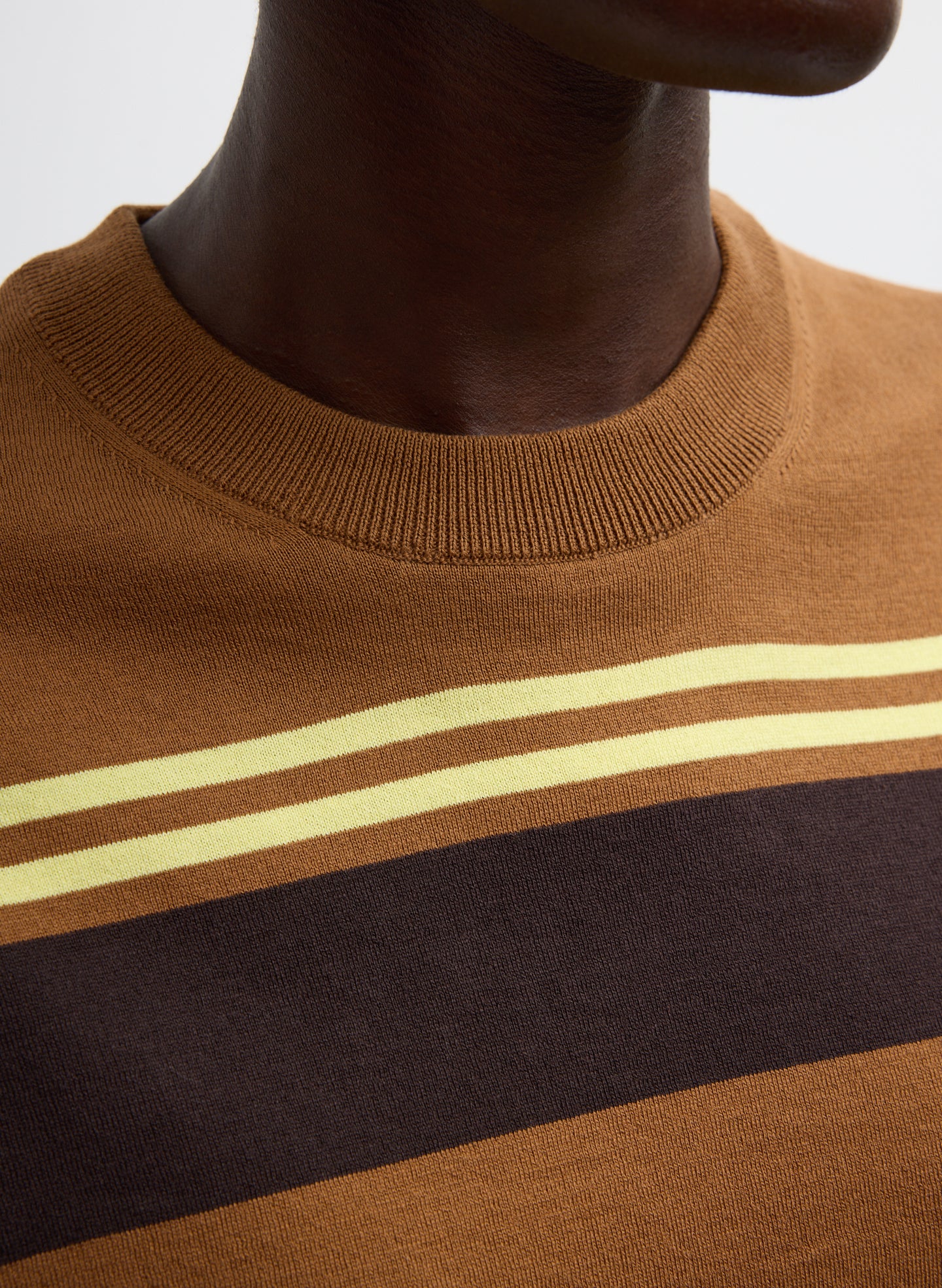 Brown Super Fine Gauge Striped Perfect Crewneck Pullover - closeup of neckline
