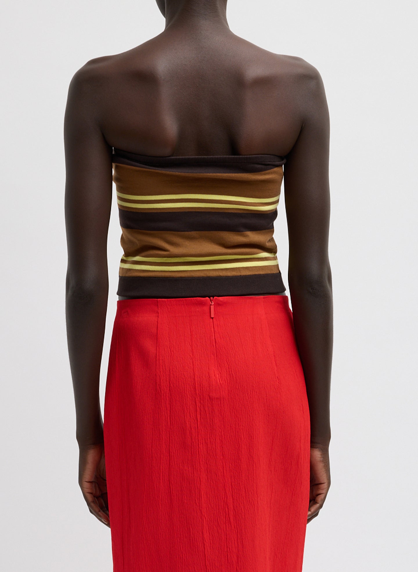 Brown Super Fine Gauge Striped Tube Top - strapless knit, back view on model