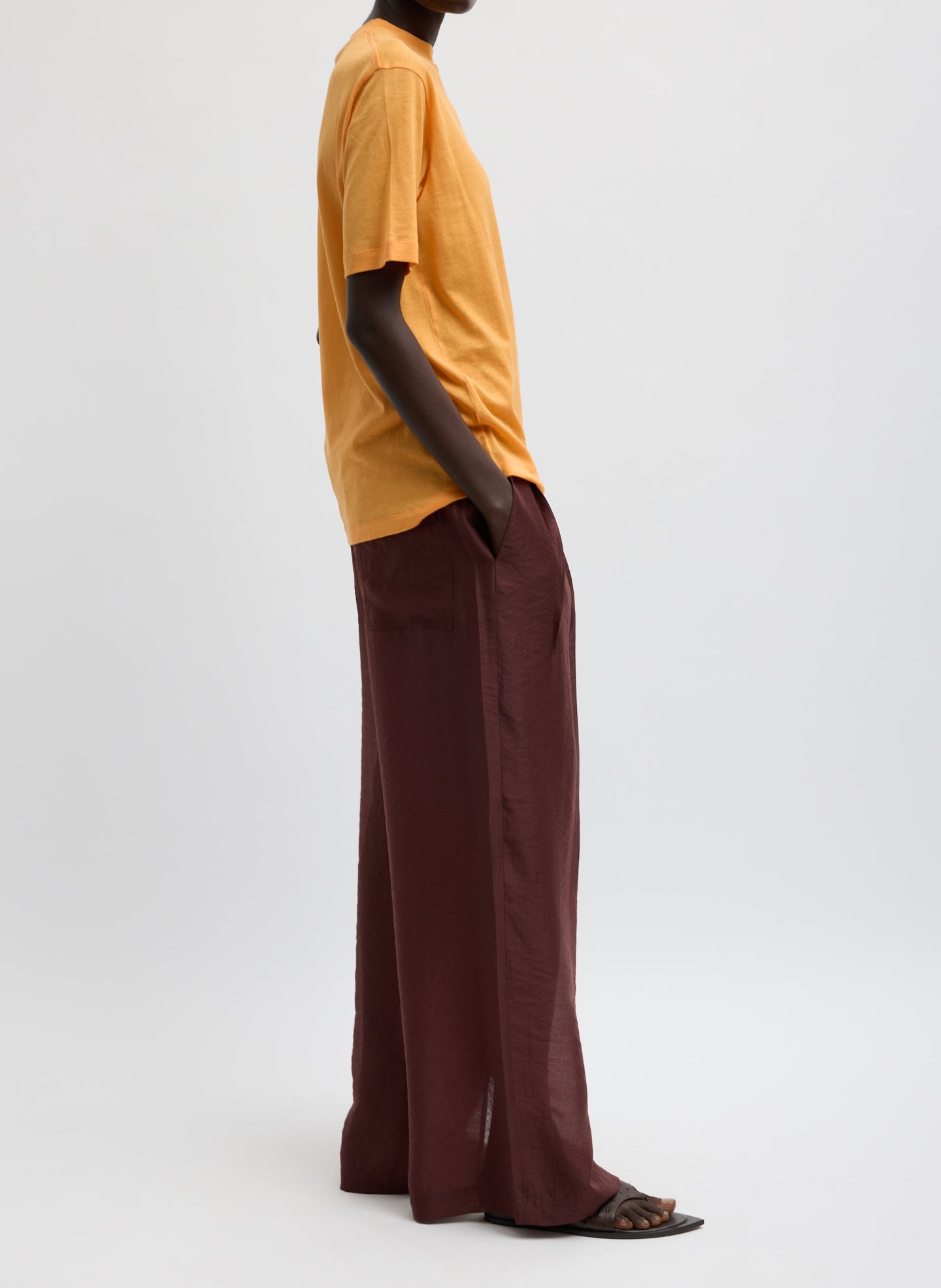 Russet Brown Summer Voile Stella Pant with Slit Detail - side view on model