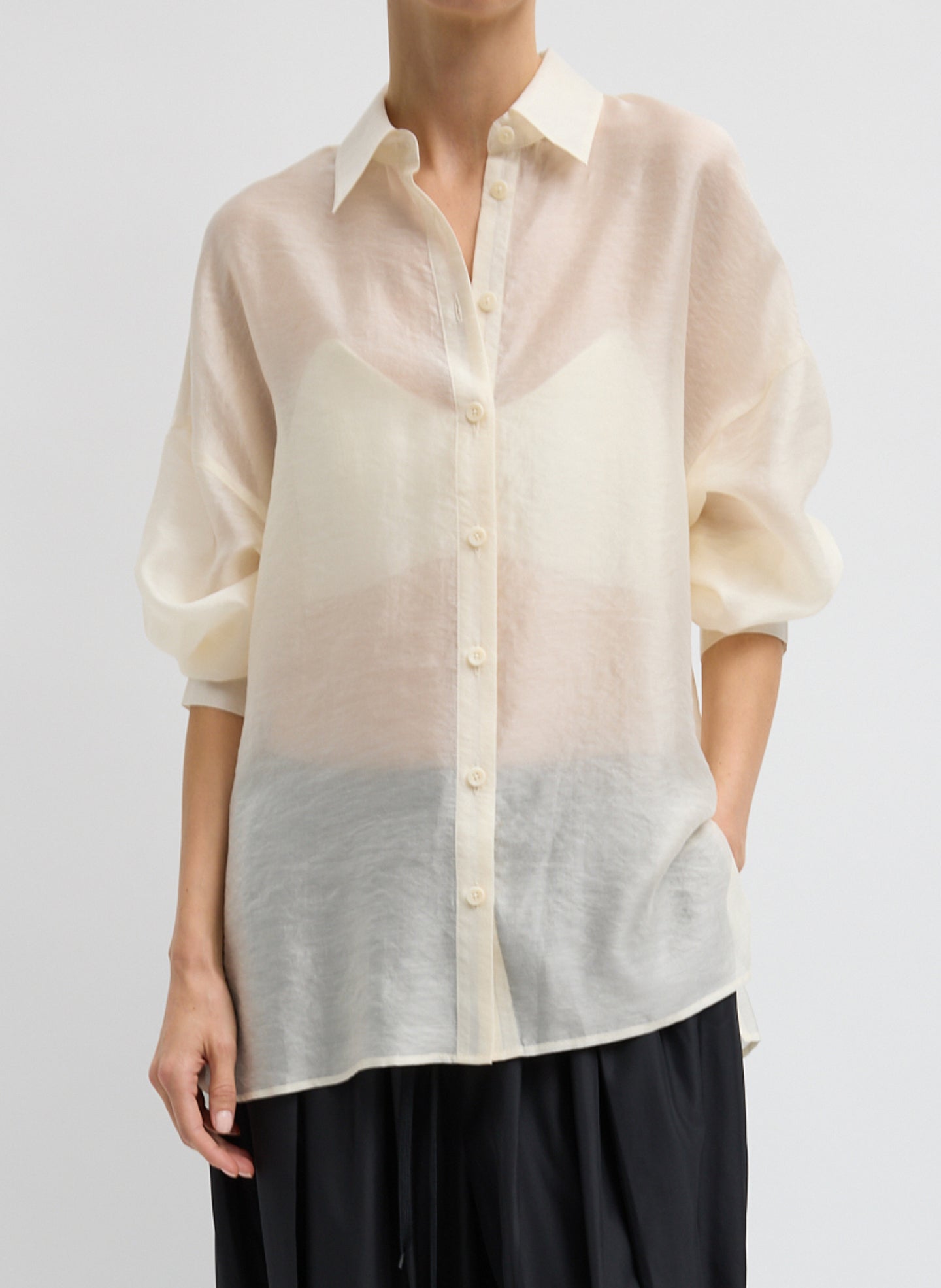 Summer Voile Oversized Shirt - Ivory Summer Voile Sheer Oversized Button Down - front view on model