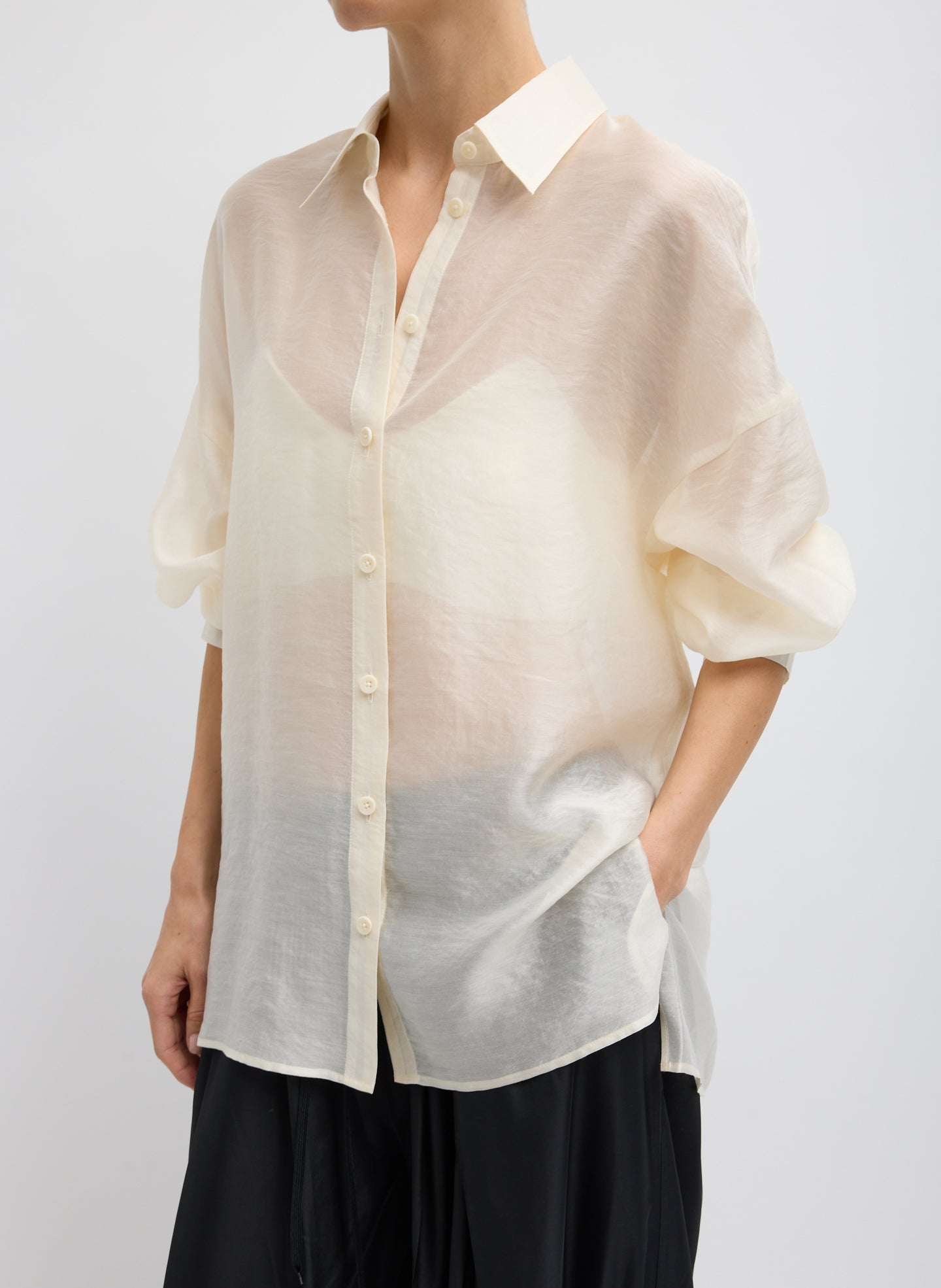 Ivory Summer Voile Sheer Oversized Button Down - side view on model