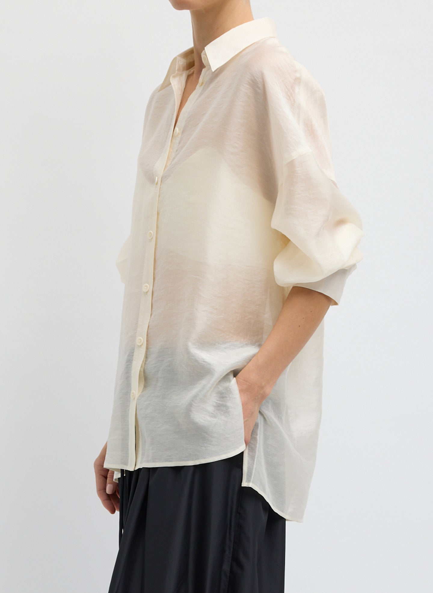 Ivory Summer Voile Sheer Oversized Button Down - side view on model