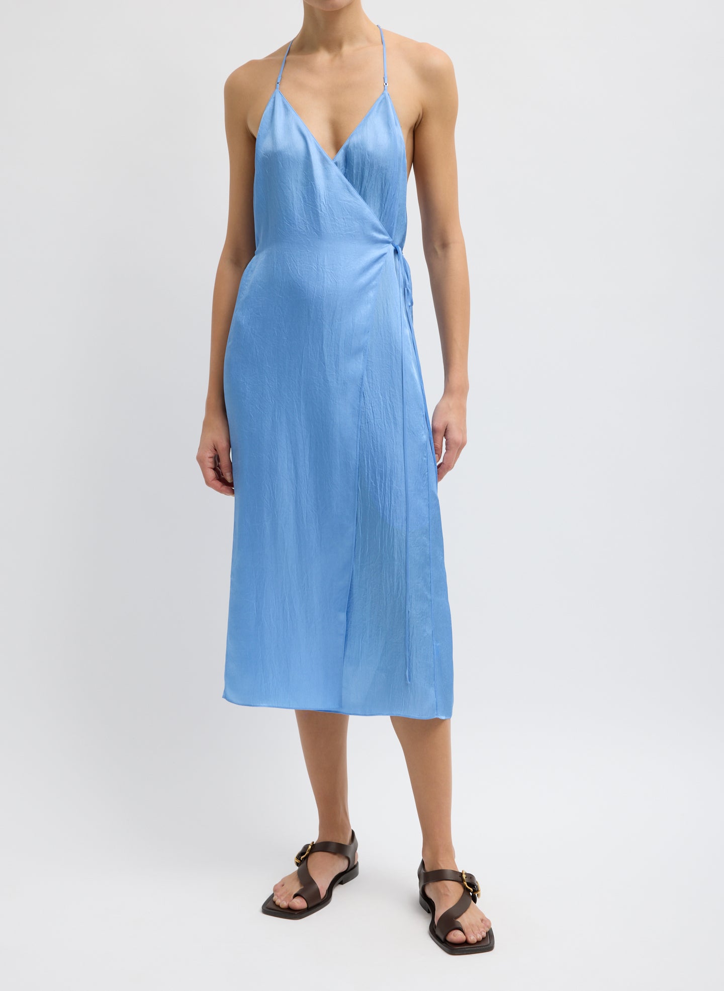 Summer Slip Wrap Dress - Light Blue Summer Slip Wrap Dress - sleeveless midi dress, front view on model