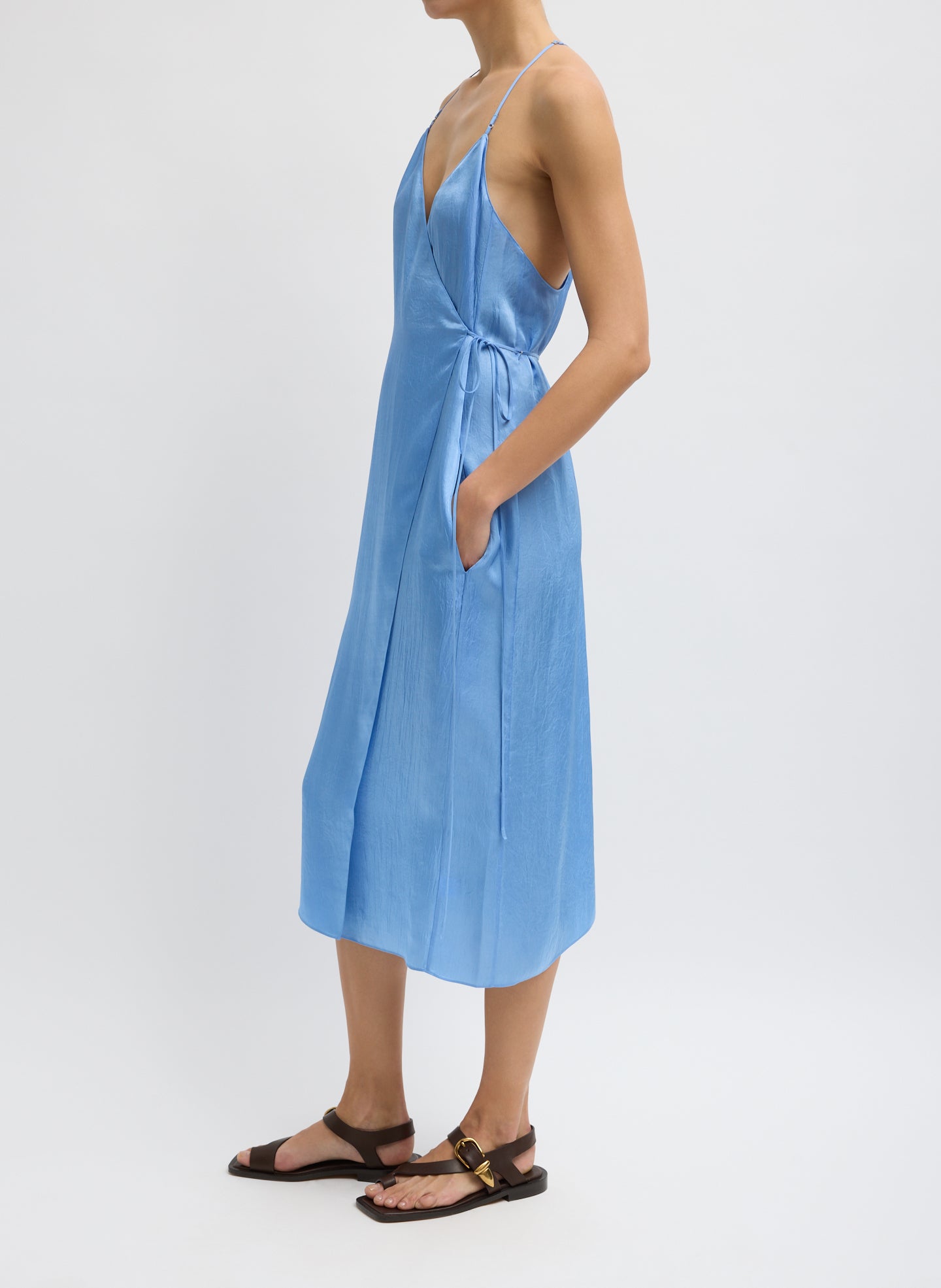 Light Blue Summer Slip Wrap Dress - sleeveless midi dress, side view on model