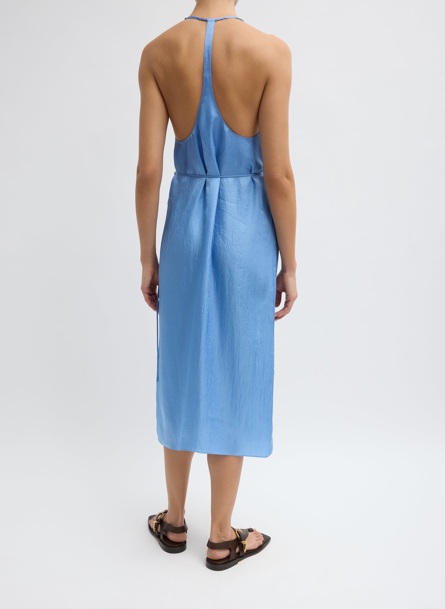 Light Blue Summer Slip Wrap Dress - sleeveless midi dress, back view on model