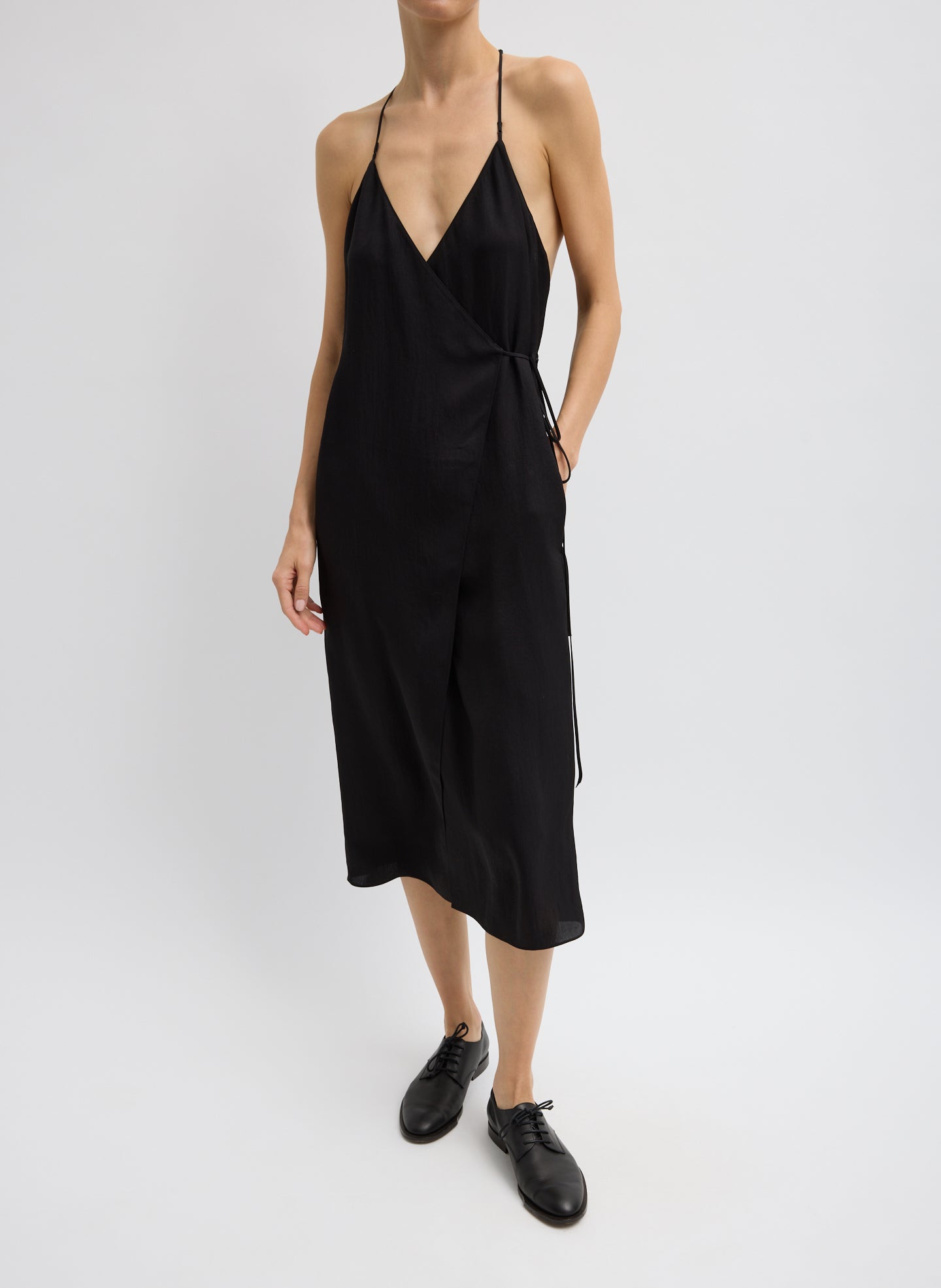 Summer Slip Wrap Dress - Black Summer Slip Wrap Dress - sleeveless midi dress, front view on model