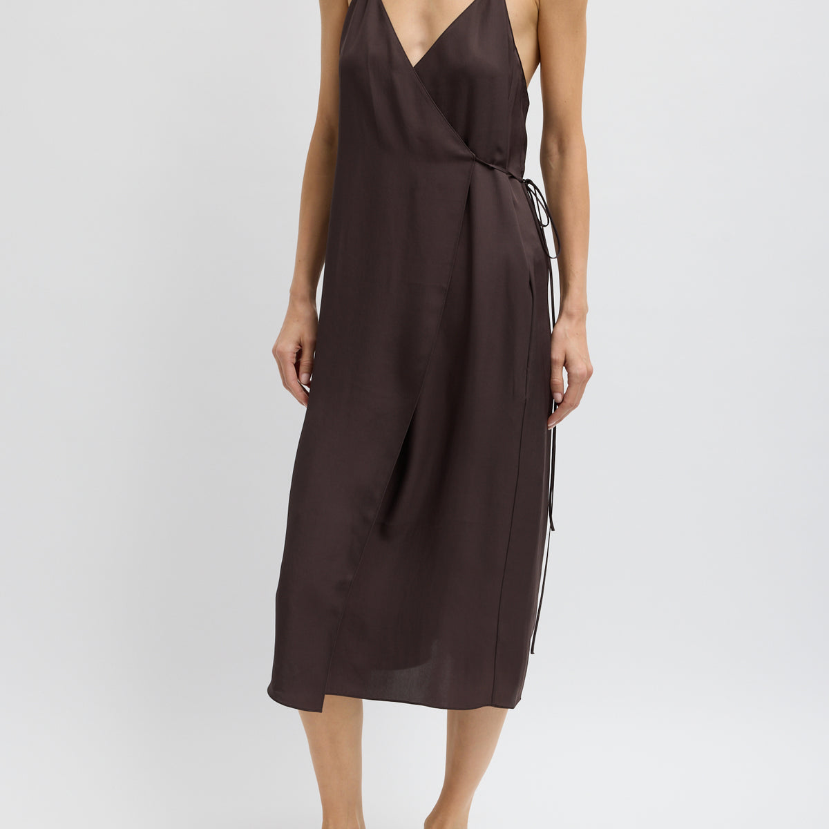 wrap dress brown The Safari Linen Espreso Small (full) 59 in Brown Wrap Satin Dress With