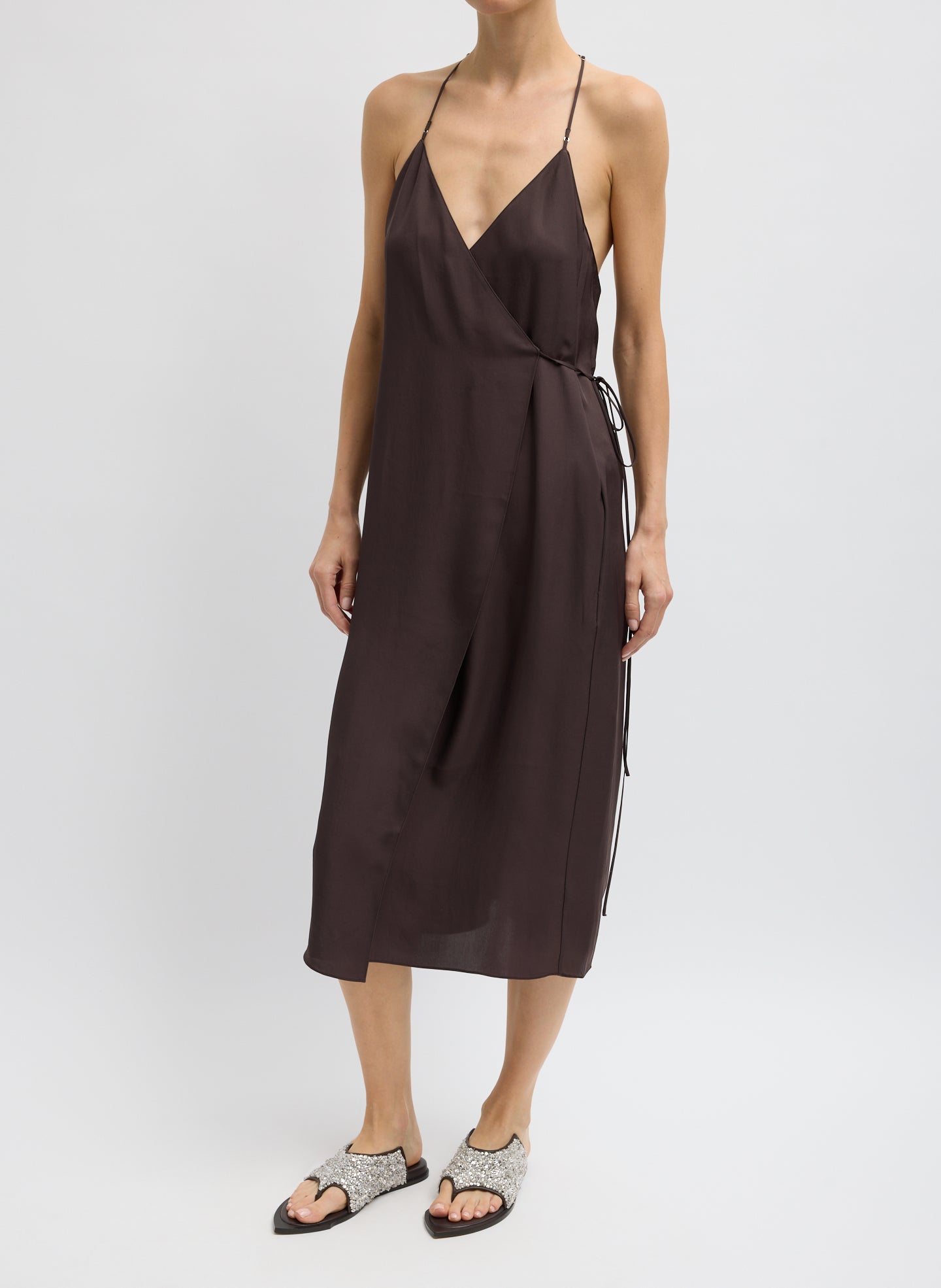 Summer Slip Wrap Dress - Chocolate Brown Summer Slip Wrap Dress - sleeveless midi dress, front view on model