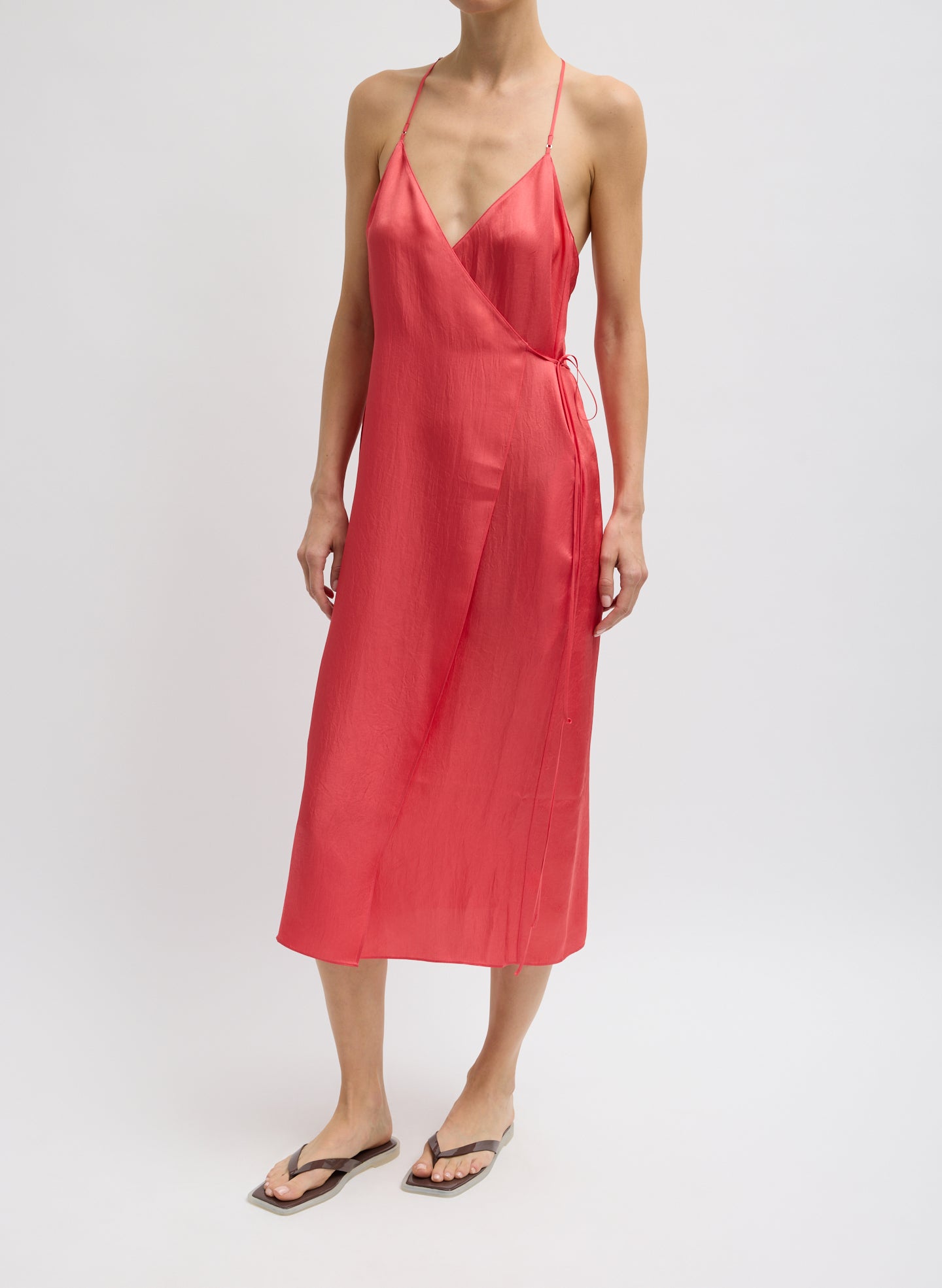 Summer Slip Wrap Dress - Faded Red Summer Slip Wrap Dress - sleeveless midi dress, front view on model