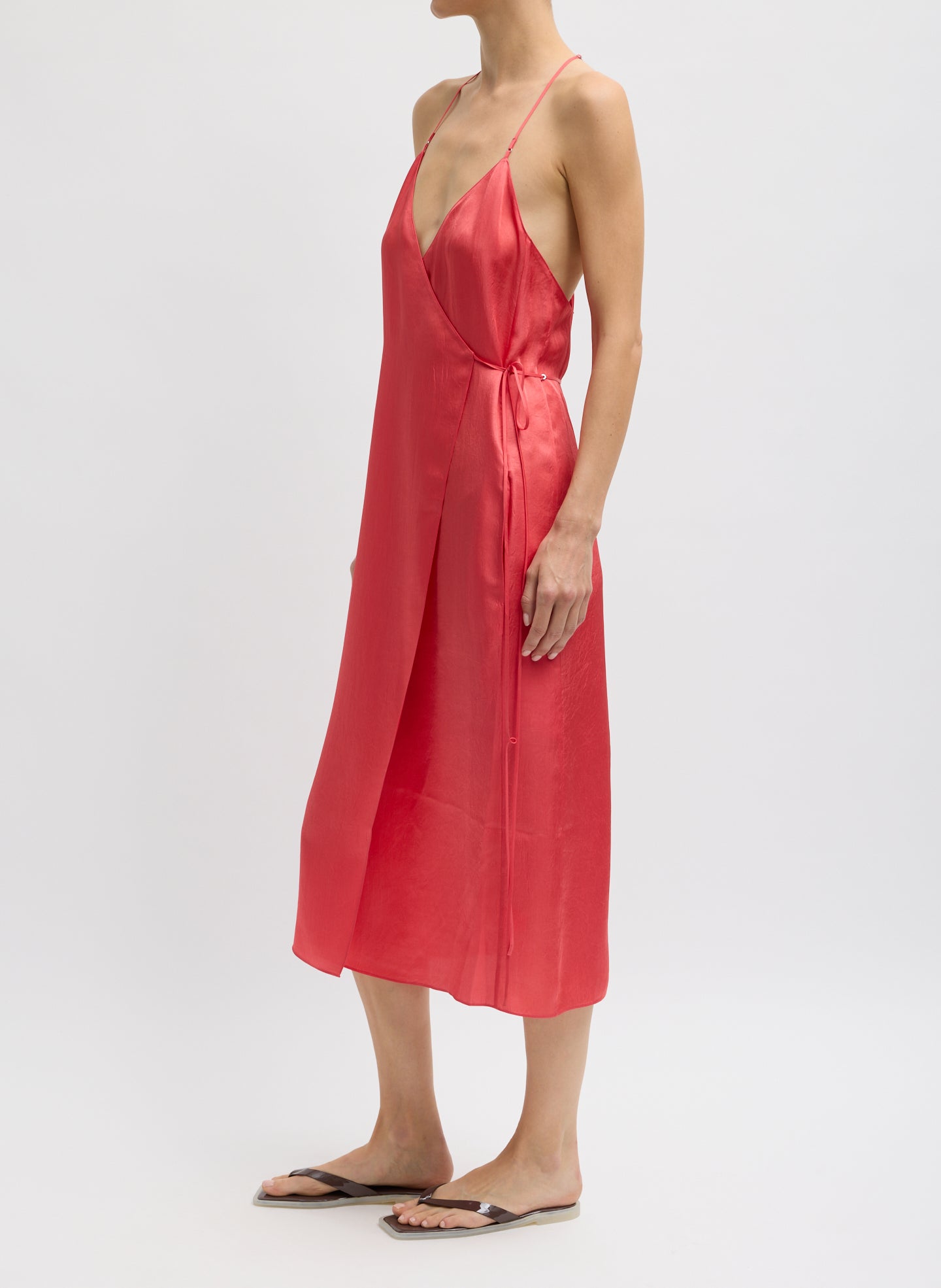 Faded Red Summer Slip Wrap Dress - sleeveless midi dress, side view on model