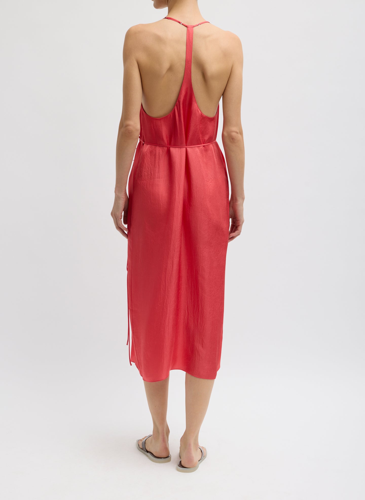 Faded Red Summer Slip Wrap Dress - sleeveless midi dress, back view on model