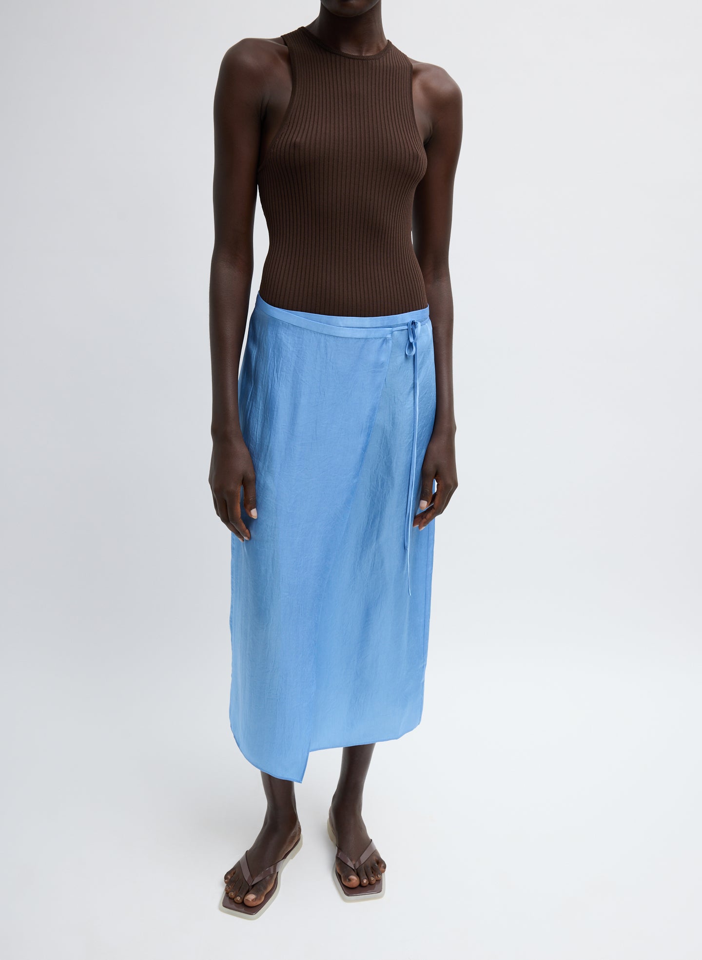 Summer Slip Wrap Skirt - Light Blue Summer Slip Wrap Skirt - midi skirt, front view on model