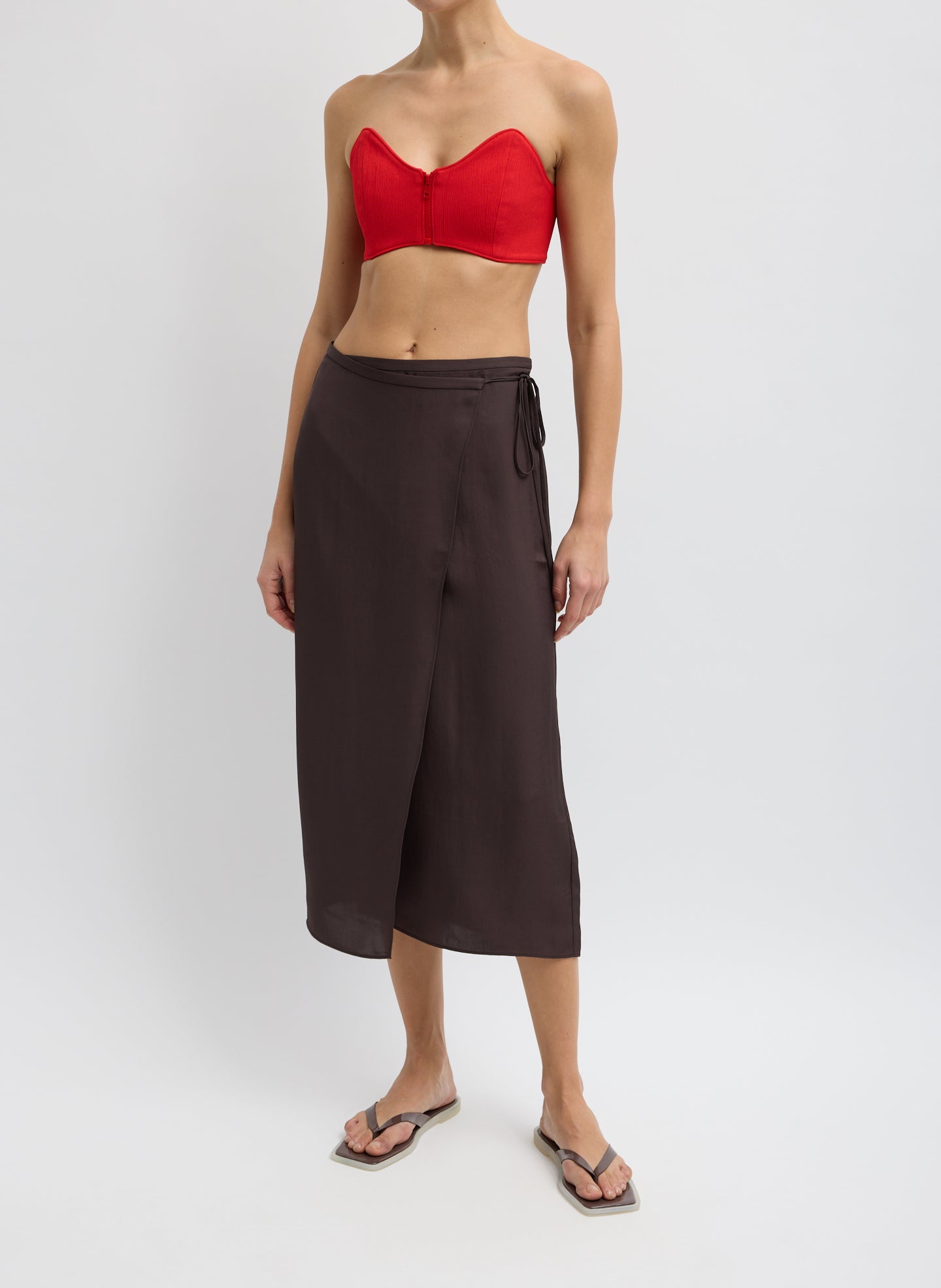 Summer Slip Wrap Skirt - Chocolate Brown Summer Slip Wrap Skirt - midi skirt, front view on model