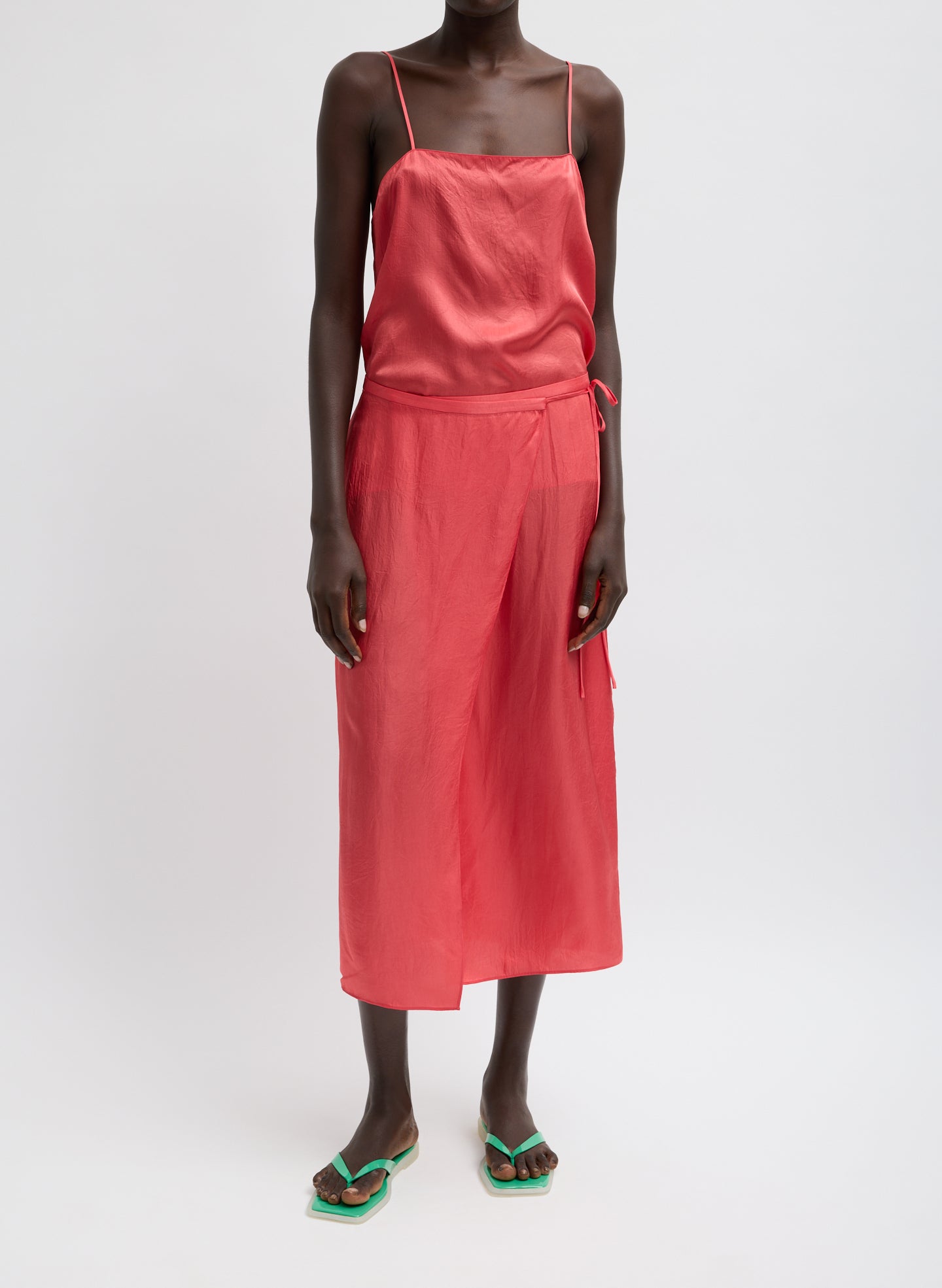 Summer Slip Wrap Skirt - Faded Red Summer Slip Wrap Skirt - midi skirt, front view on model