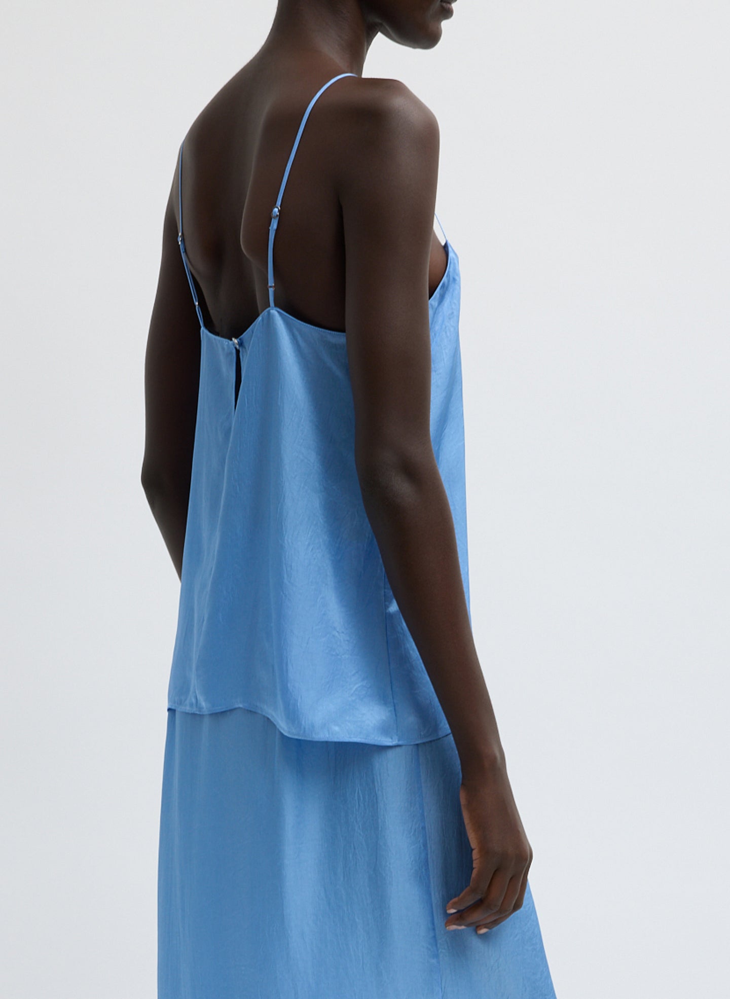 Light Blue Summer Slip Cami - sleeveless silk cami, side view on model